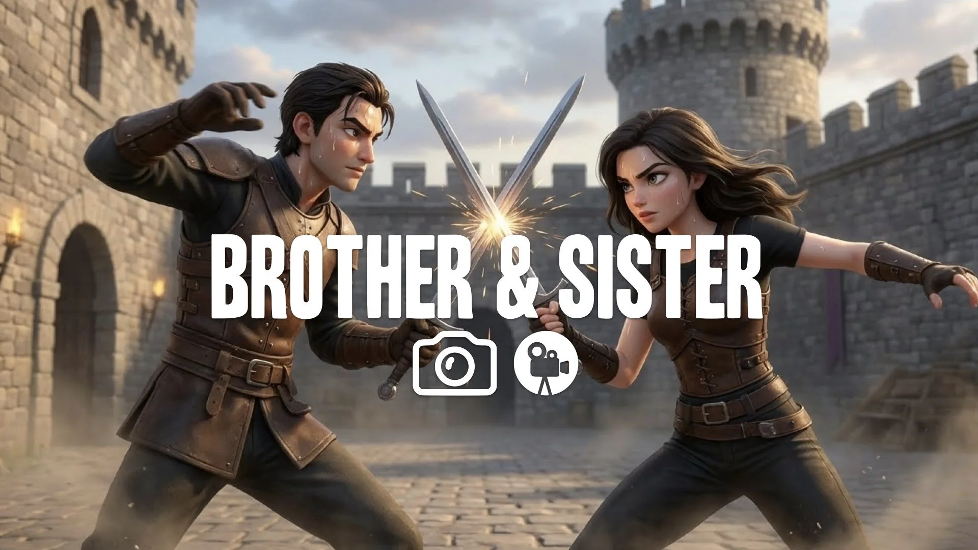 1. Two skilled warriors sparring with swords in castle courtyard fast movements parries dodges mutual respect no music