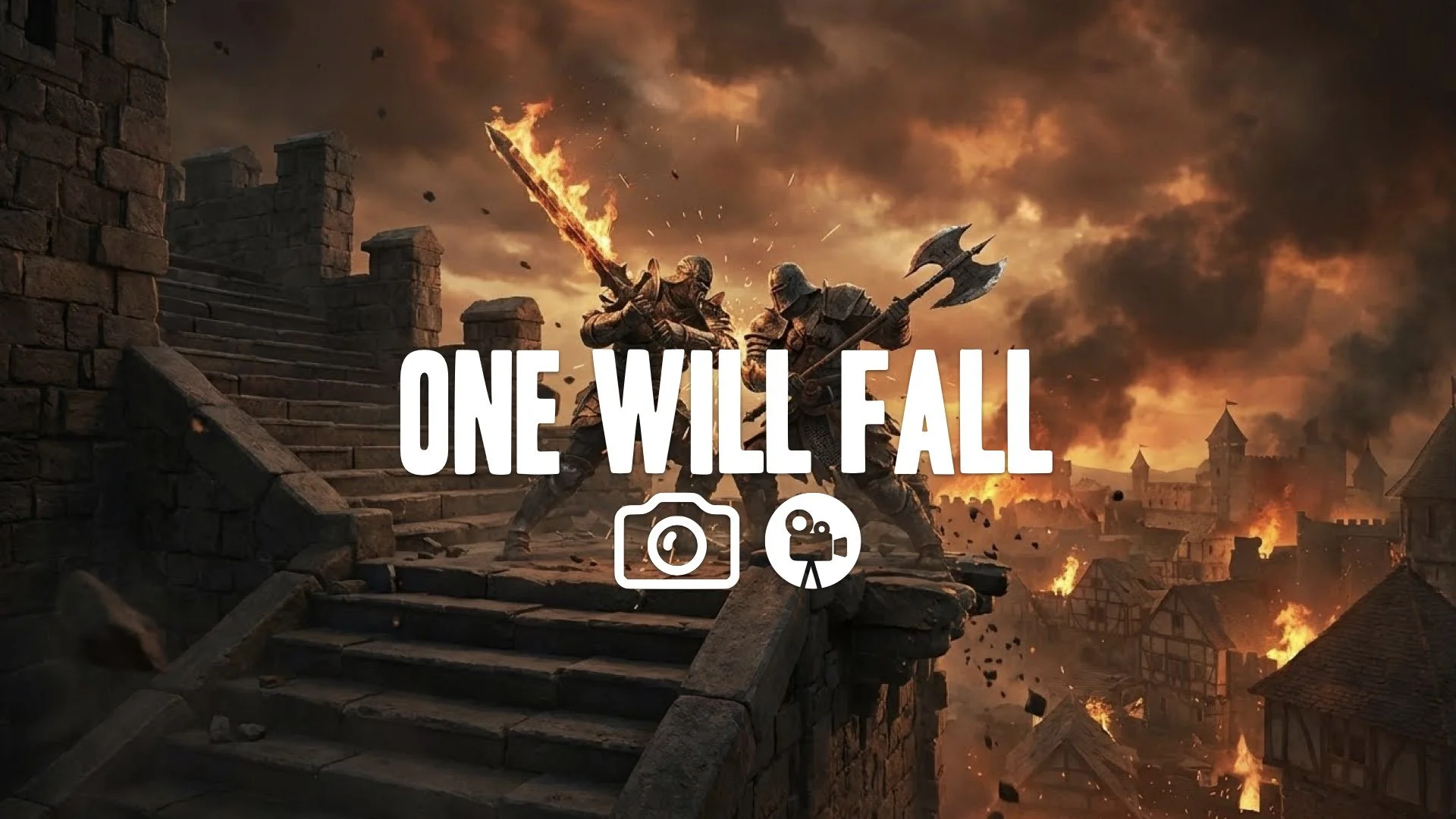 1. Two giant warriors fighting on crumbling castle stairs city burning below brutal combat fire all around no music