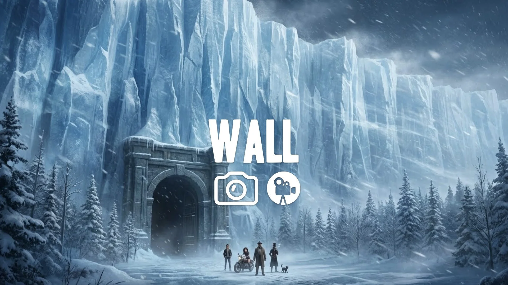1. Massive ice wall towering over frozen forest tunnel gate opening tiny figures walking out snow blowing epic scale no music