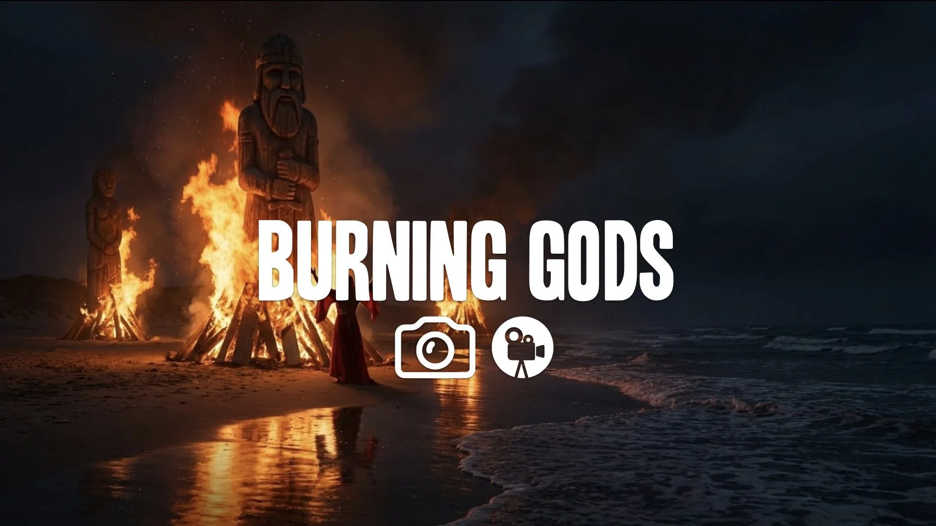 1. Night beach burning giant wooden statues red priestess chanting firelight reflection on water dark atmosphere no music