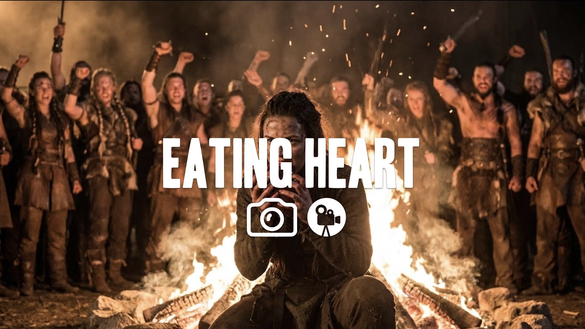 1. woman eating raw stallion heart in front of roaring Dothraki horde firelight wild celebration intense no music