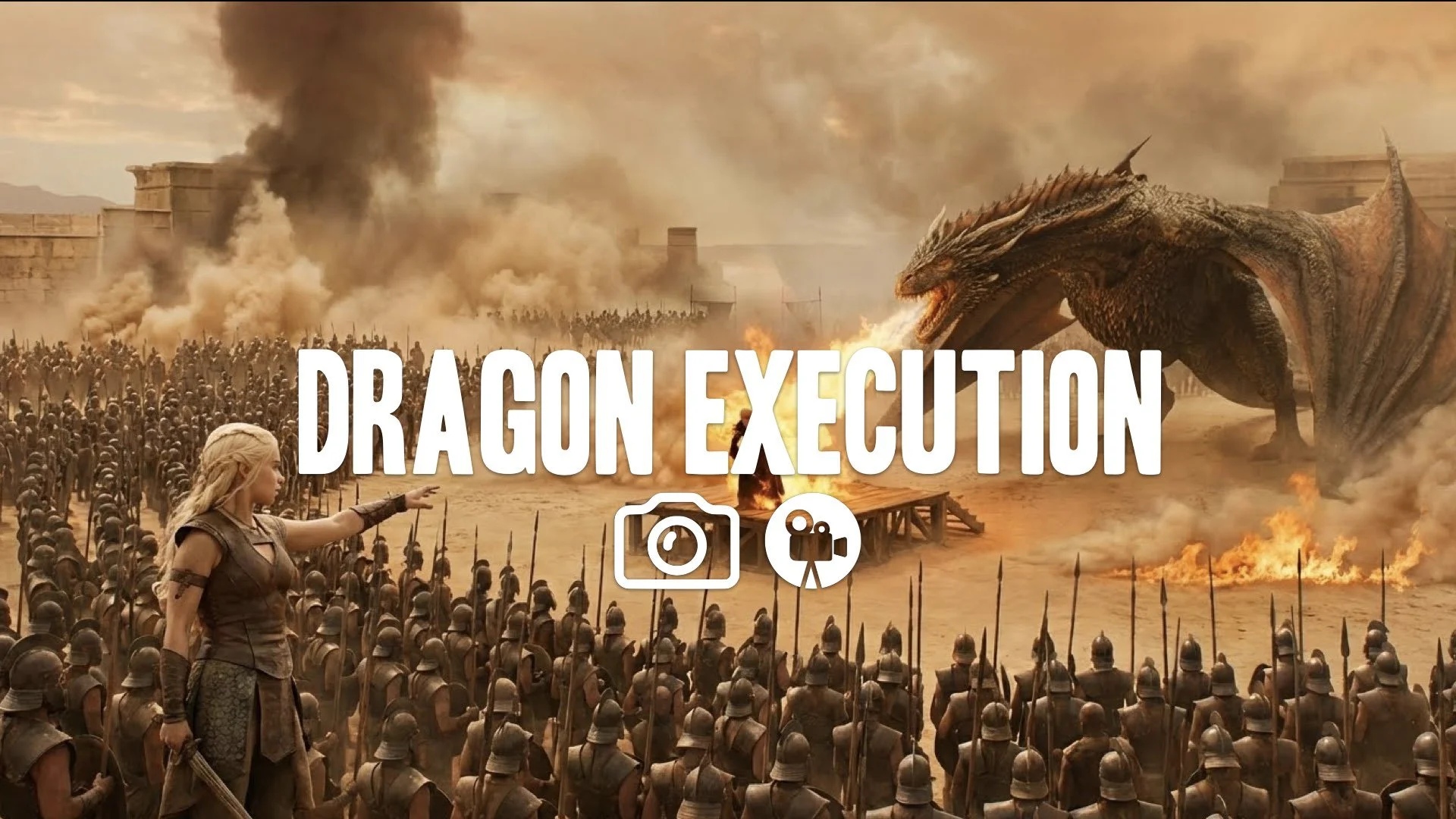 1. Blonde woman commanding army of thousands of eunuch soldiers dragon burning slaver alive dust and fire epic no music