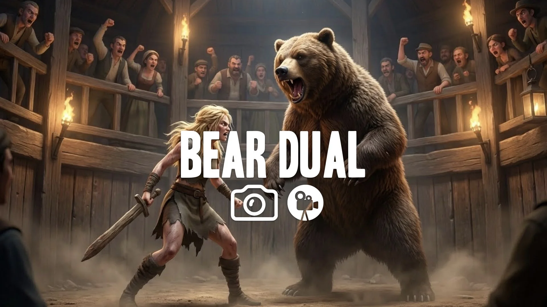 1. Blonde warrior woman fighting grizzly bear in wooden pit wooden sword torn dress crowd jeering tension no music