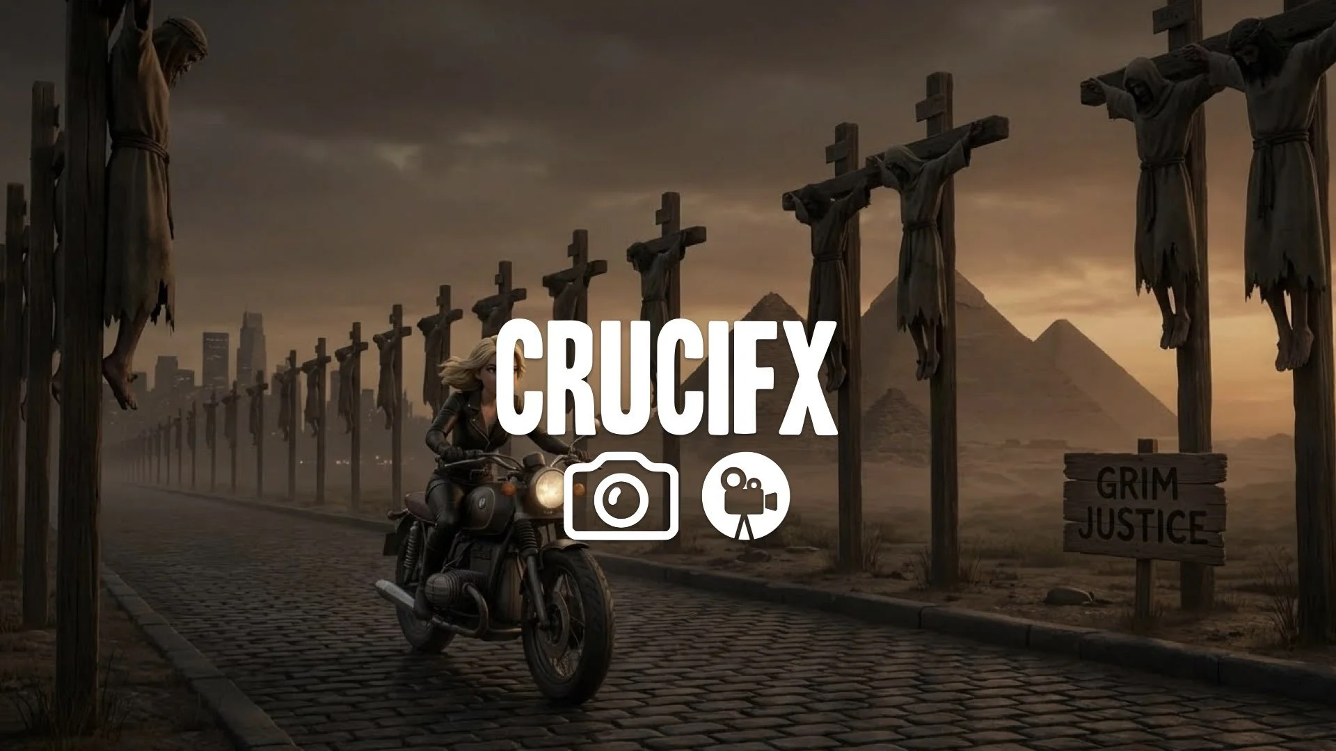 1. Road lined with crucified masters on posts pyramids in background blonde woman riding past grim justice no music