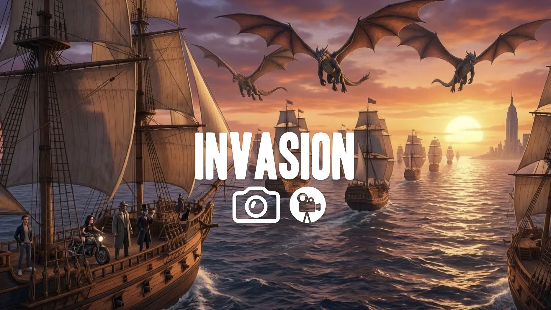 1. Massive fleet of wooden ships sailing on open ocean three dragons flying overhead heading west epic scope no music