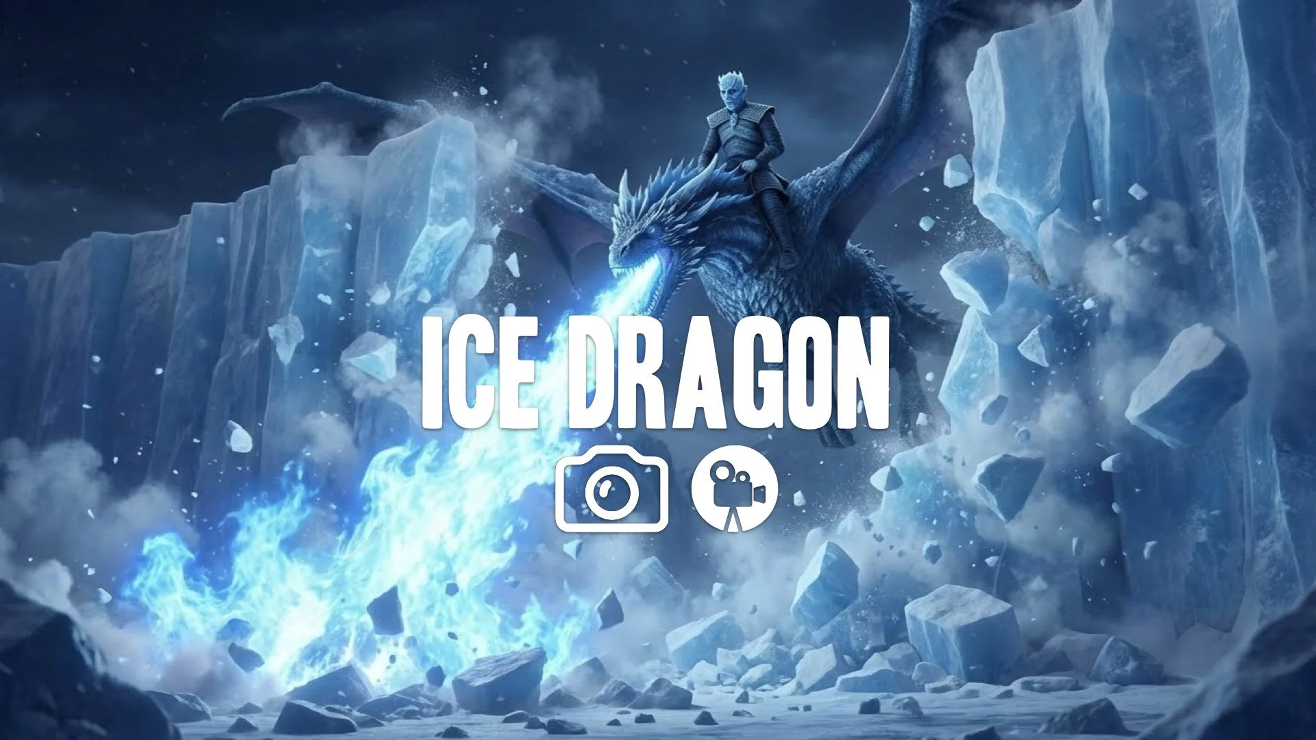1. Ice dragon breathing blue fire destroying massive ice wall monumental collapse debris flying Night King riding no music