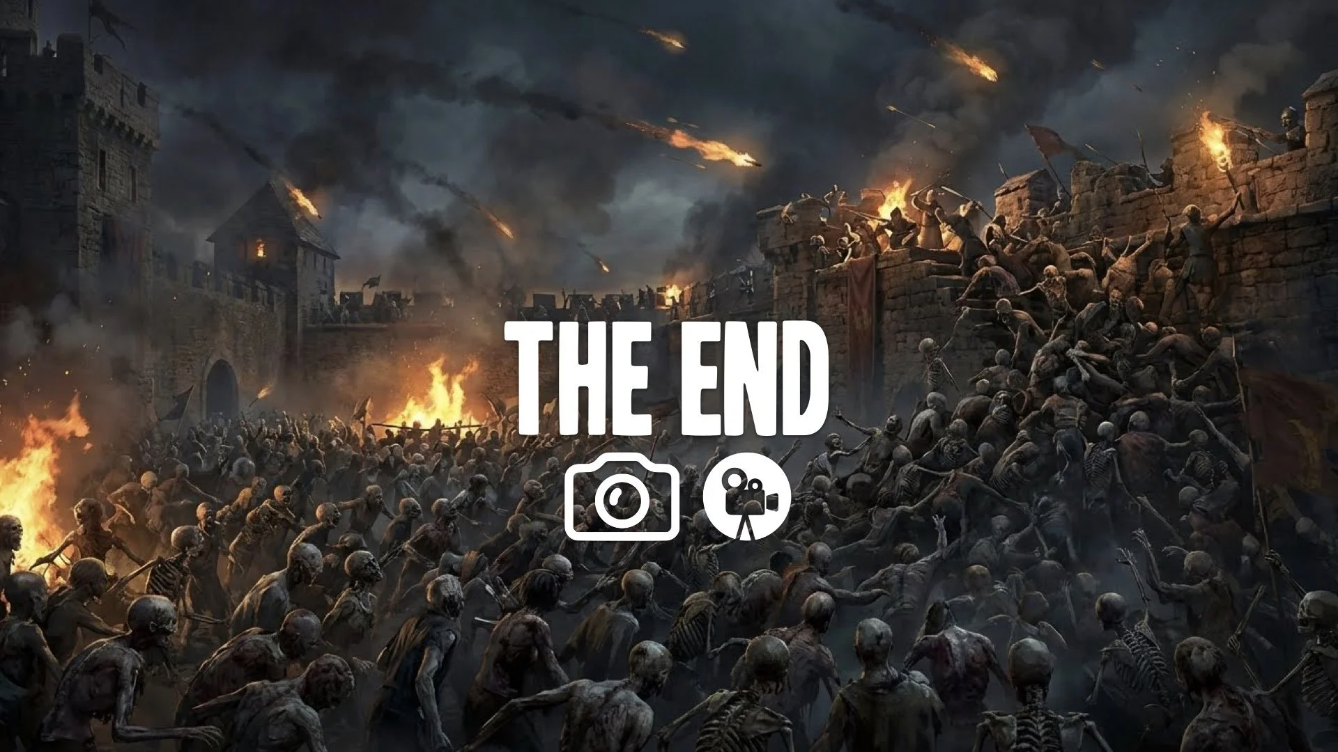 1. Massive army of dead hitting castle walls wave of bodies overwhelming defenders night battle fire arrows chaos no music