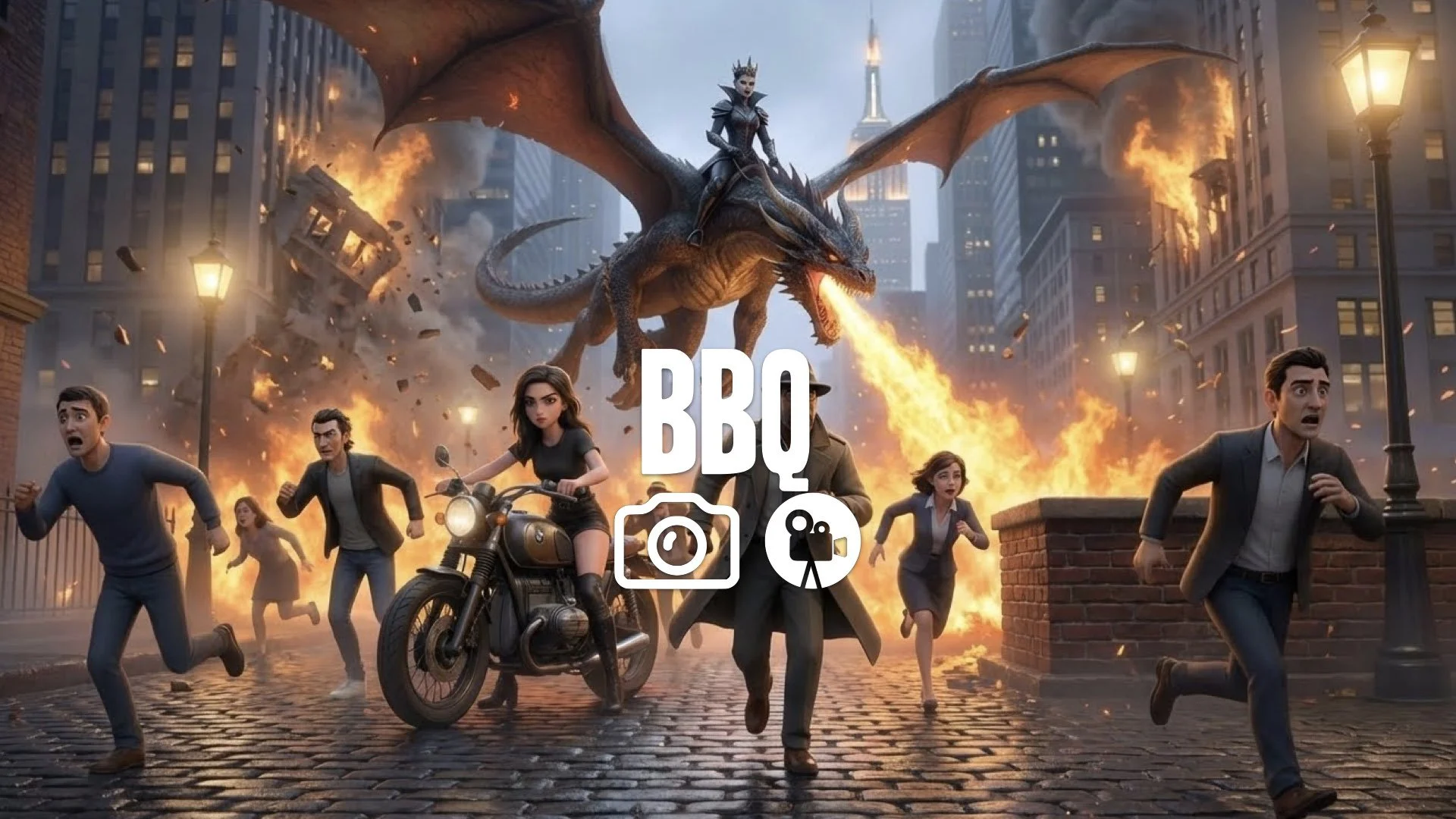 1. Dragon burning city streets buildings collapsing civilians running fire destruction queen riding mercilessly no music