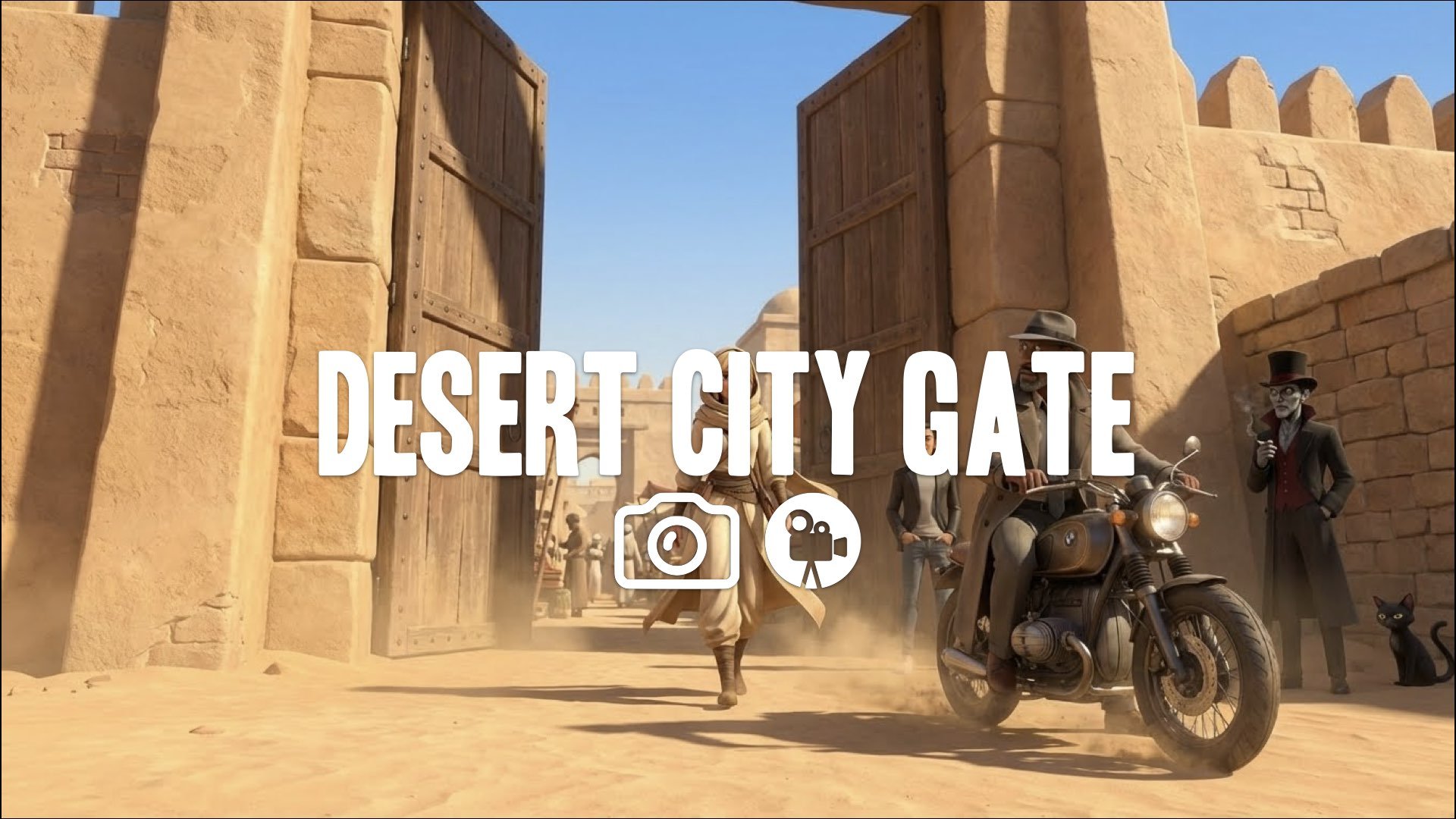 1. Desert city gates opening massive walls blonde woman entering exotic no music