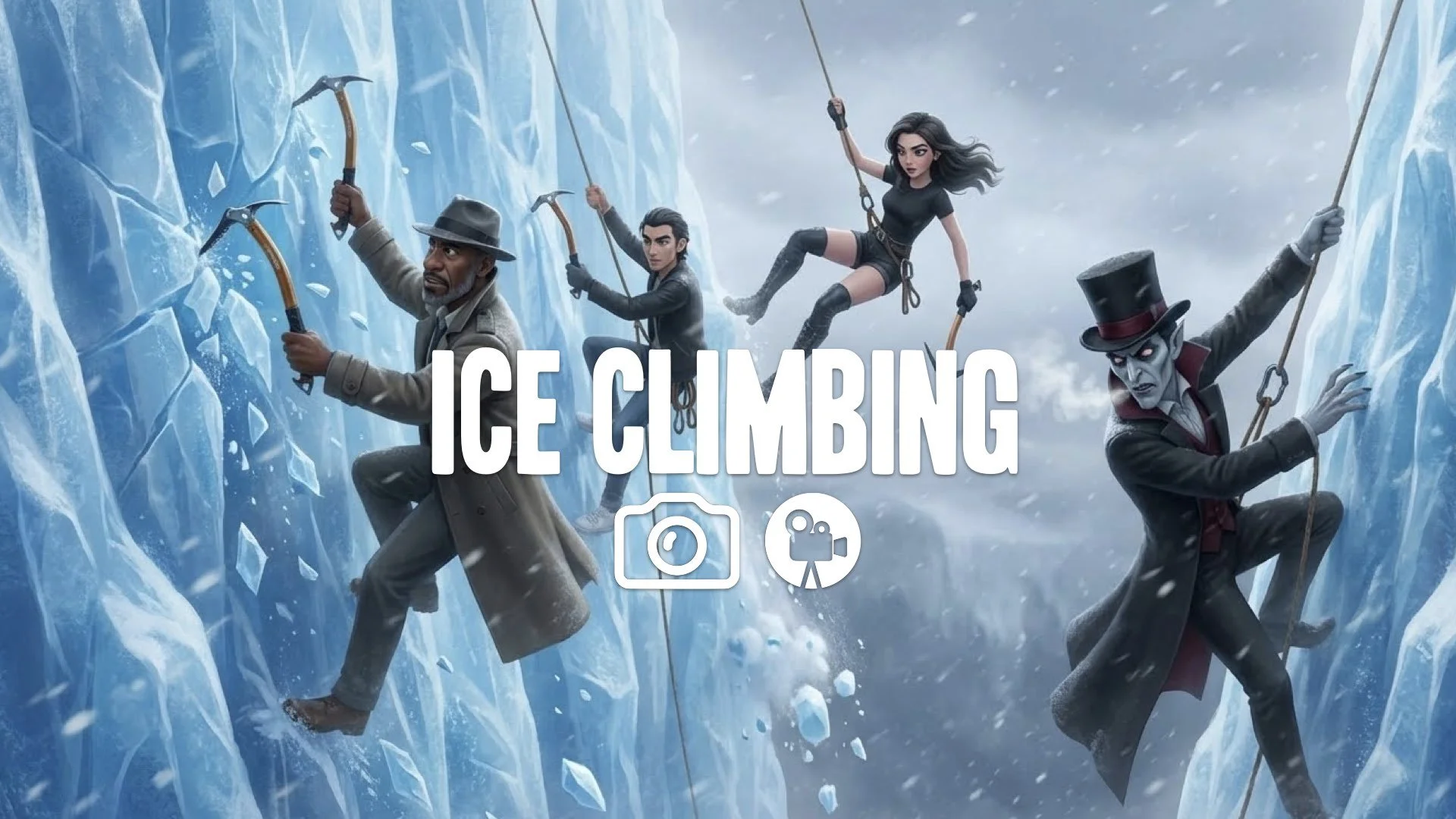 1. Wildlings climbing sheer ice wall pickaxes breaking ice falling rope swinging dizzying height wind snow no music
