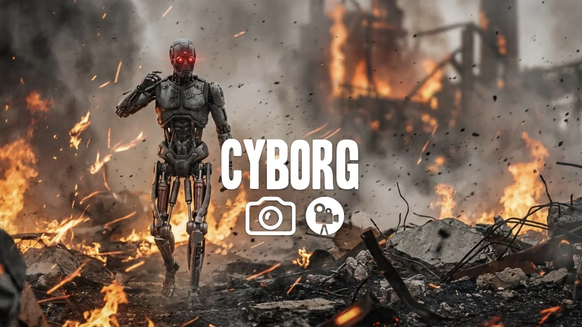 1. Cyborg  walking through fire red eyes glowing metallic piston movement debris no music