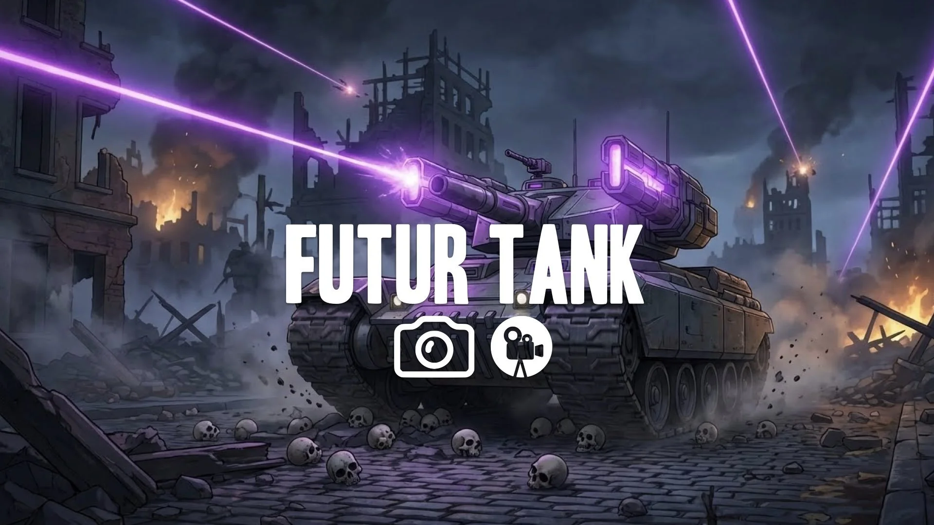 1. Future war ruins purple lasers flying hunter killer tank crushing skulls on ground gritty night no music