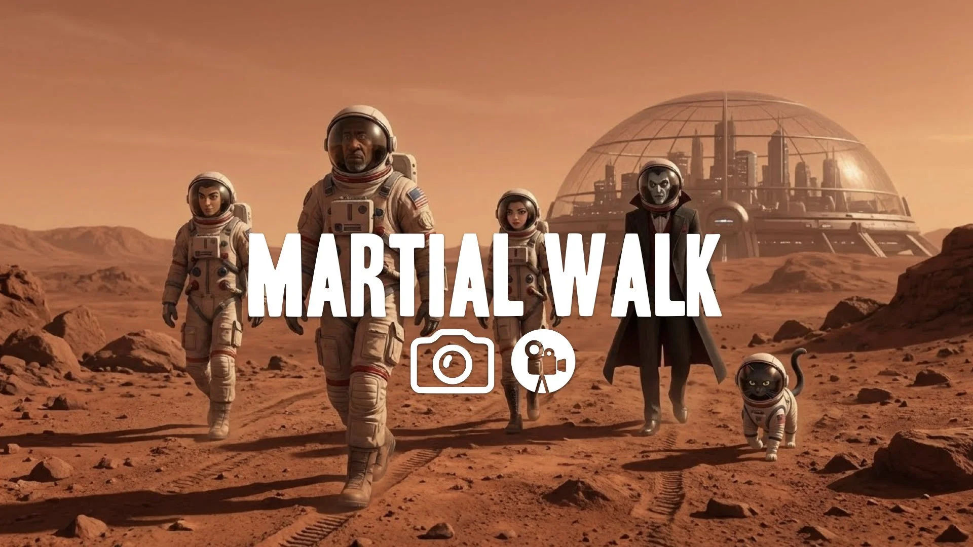 1. Red planet surface Mars dome city in background astronaut suit walking dusty rocky terrain cinematic no music