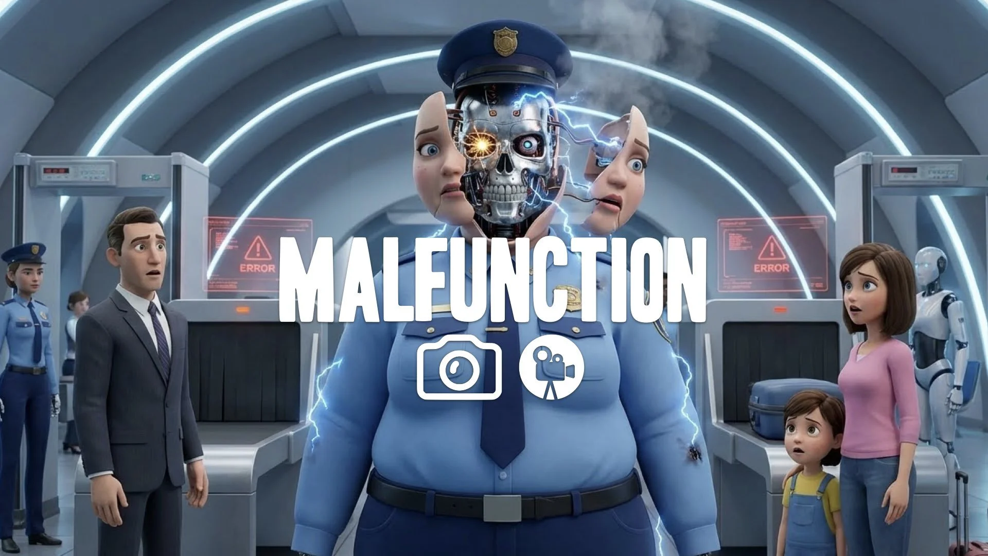 1. Futuristic airport security fat lady disguise head malfunctioning sparking robot parts revealing face no music