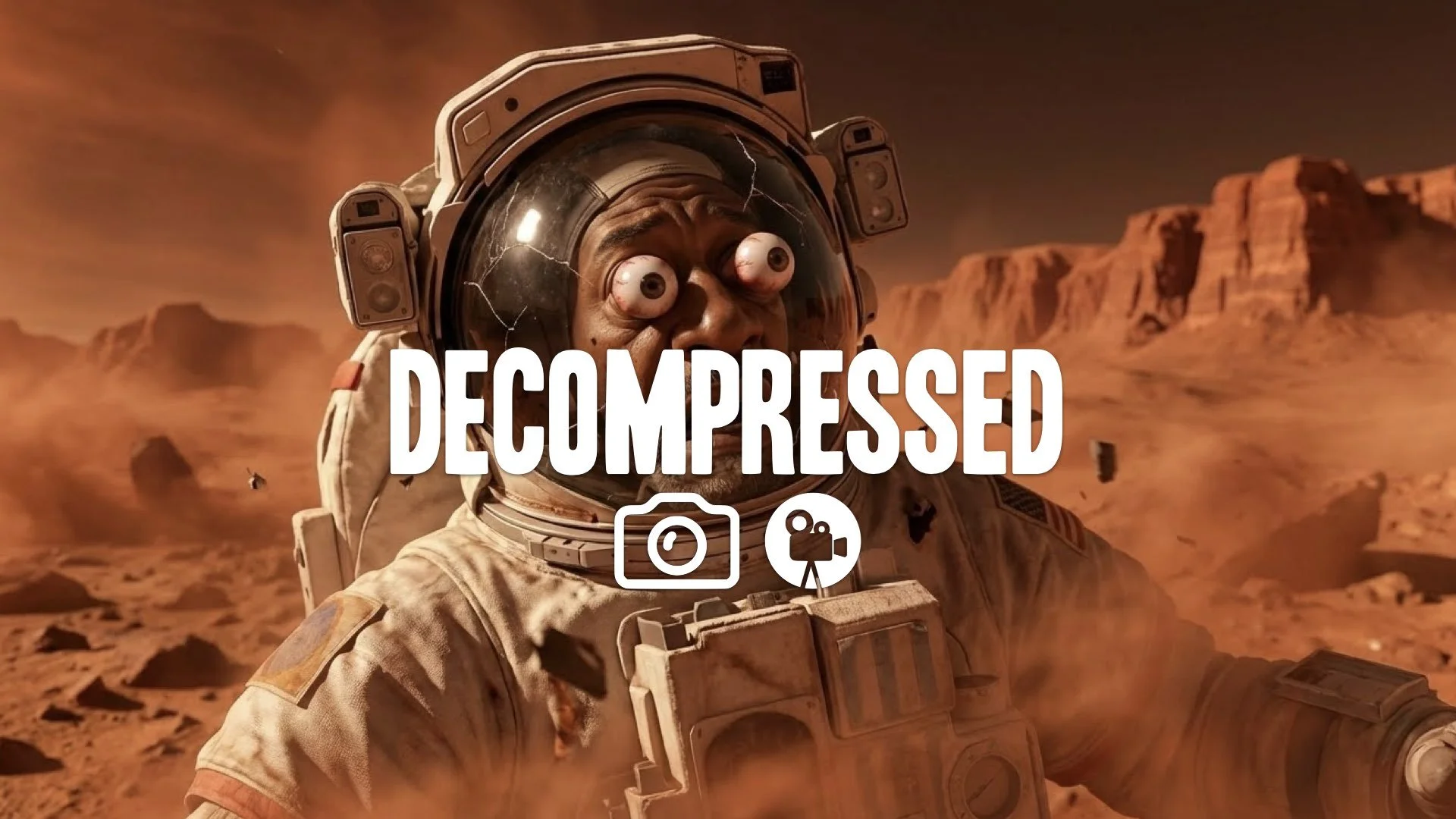 1. Man in space suit depressurizing on Mars surface eyes bulging out grotesque effects red atmosphere no music
