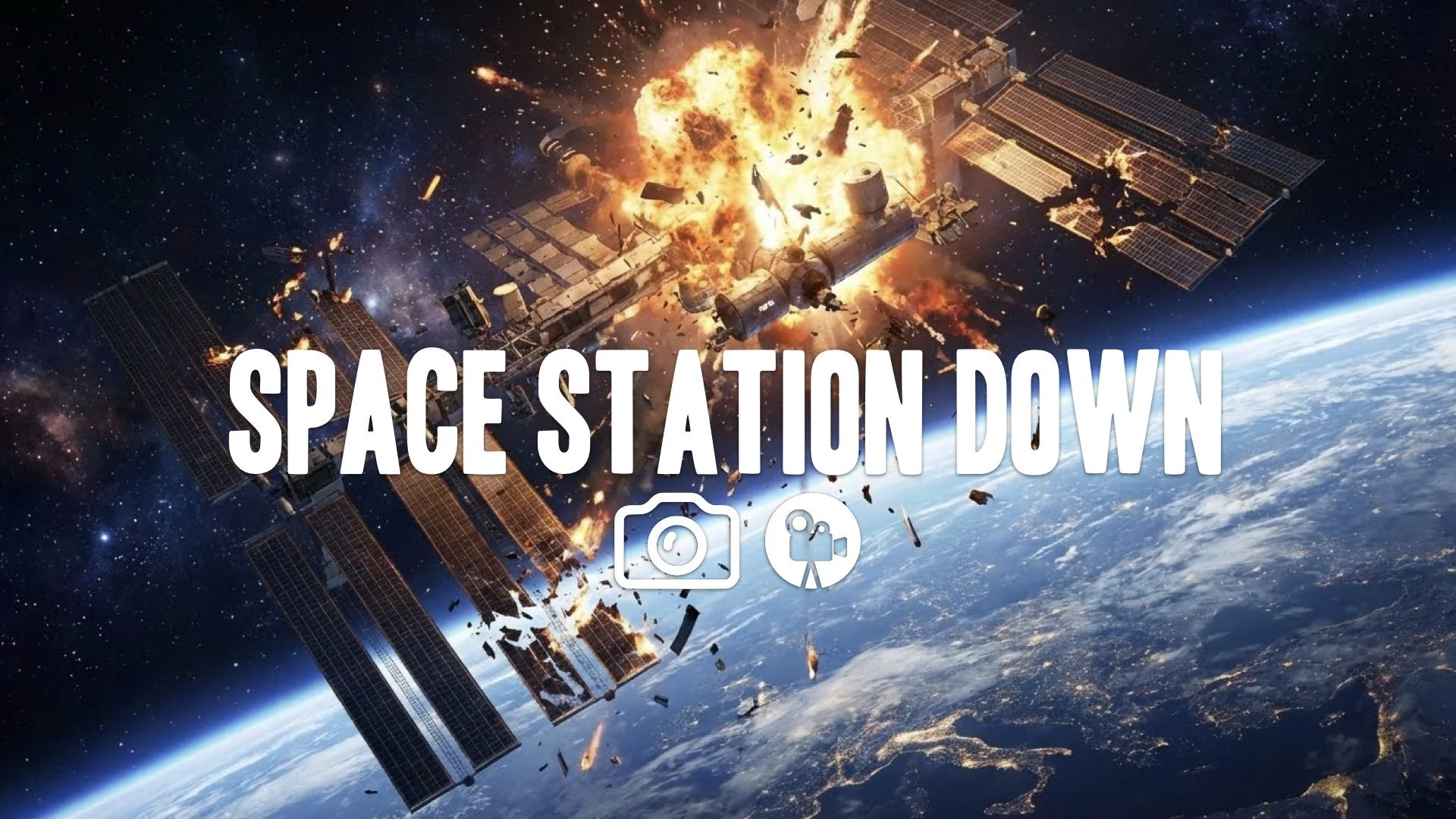 1. Space station exploding outer space debris hitting solar panels earth curvature background epic no music