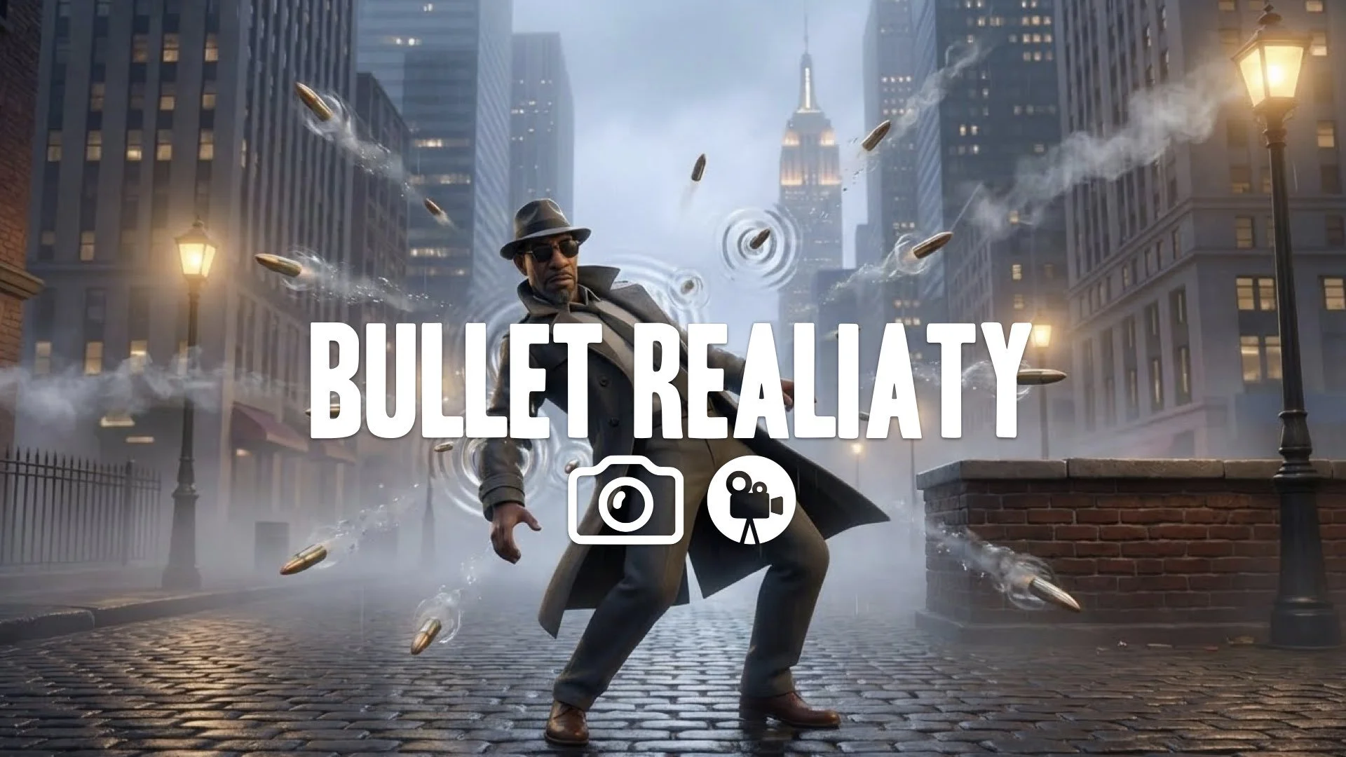 1. Man leaning back bullets rippling air slow motion rooftop dodging black coat sunglasses iconic no music