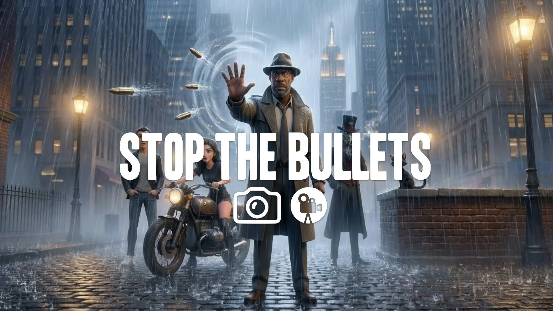 1. Man stopping bullets mid-air hand raised shockwave rain falling suspended gravity power visual no music