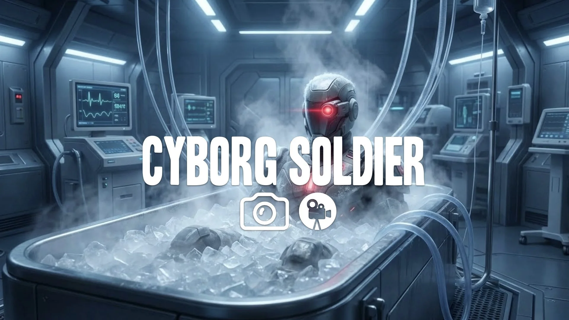 1. Soldier packed in ice bath steam rising glowing eyepiece red led futuristic medical lab sci-fi no music