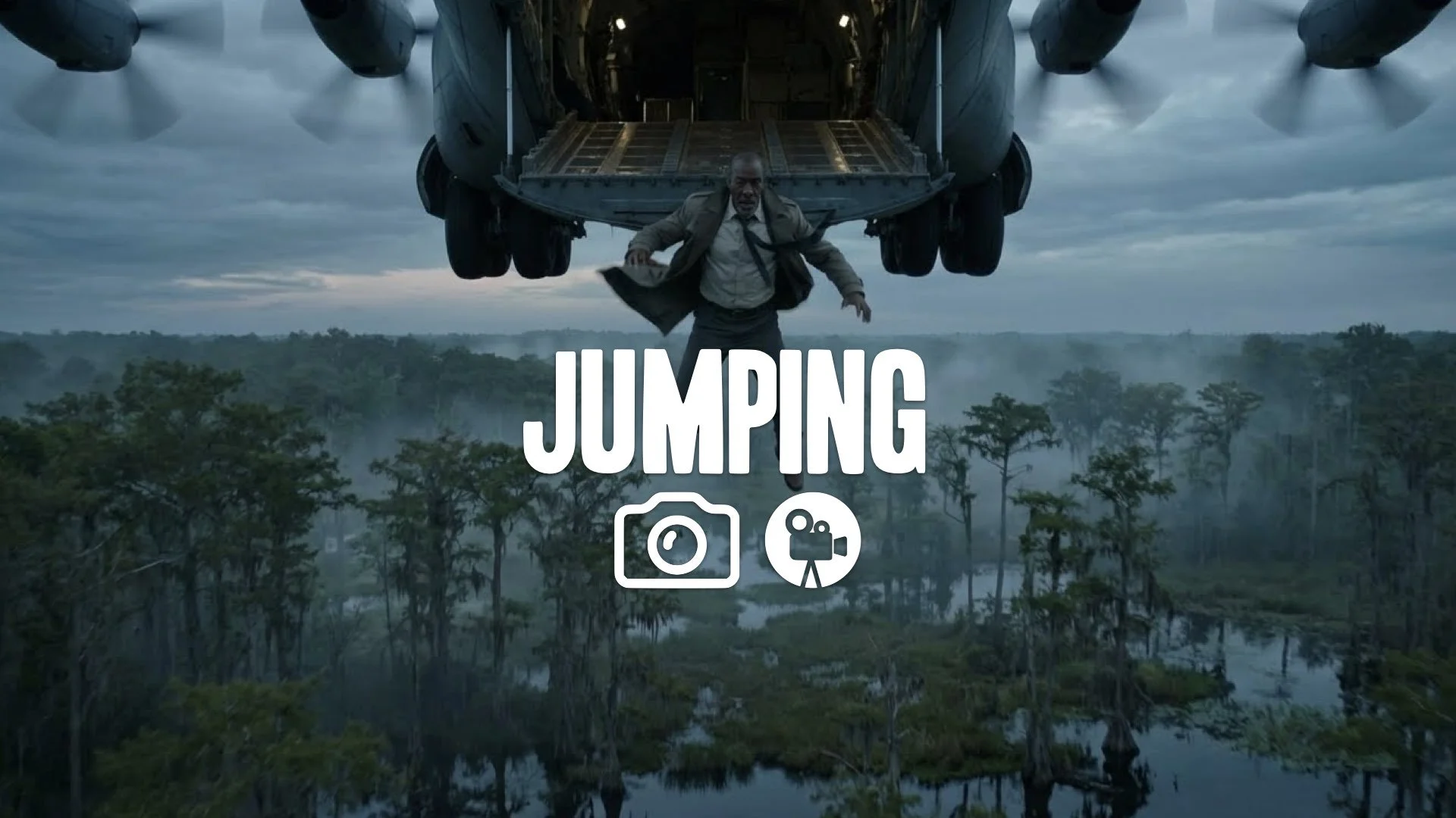 1. Man jumping out of landing gear of cargo plane without parachute freefall into swamp cinematic stunt no music