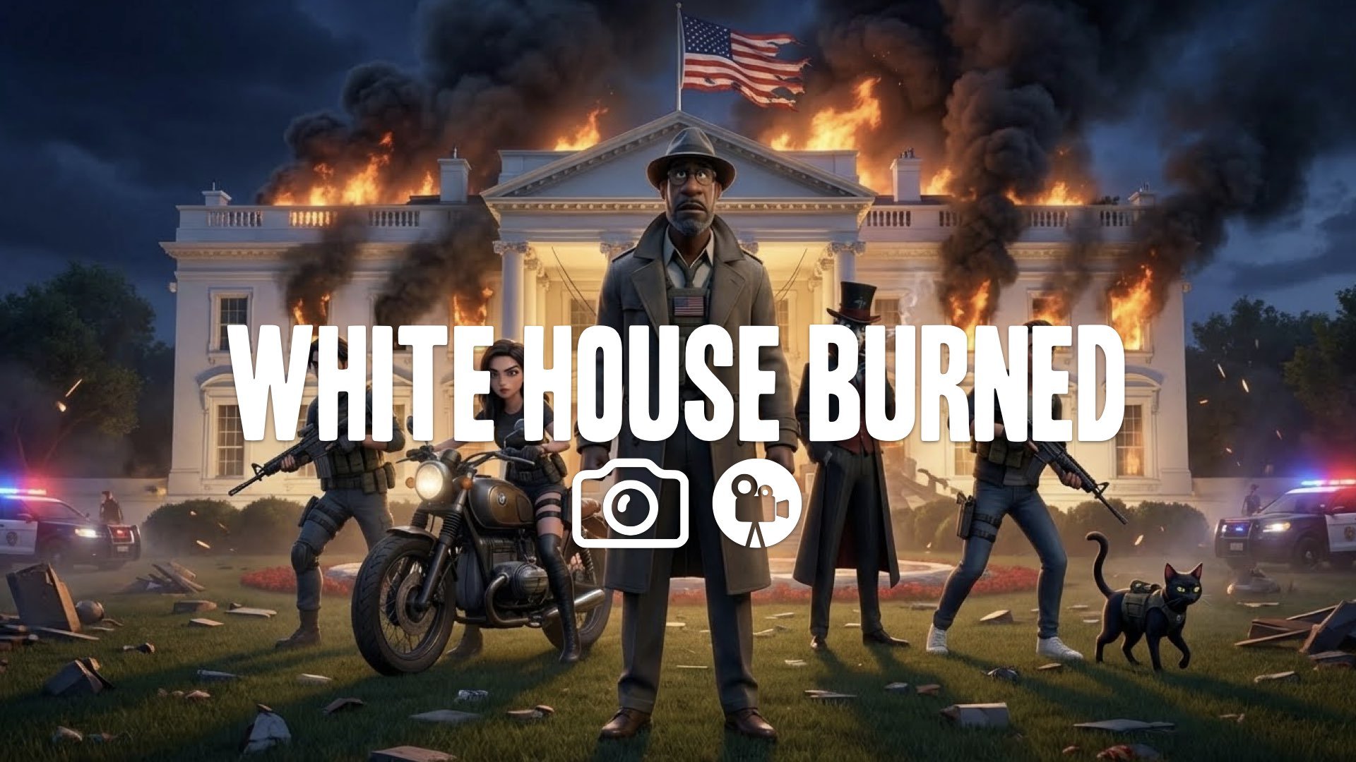 1. White House lawn burning black smoke billowing flag tattered night siege action tactical gear no music
