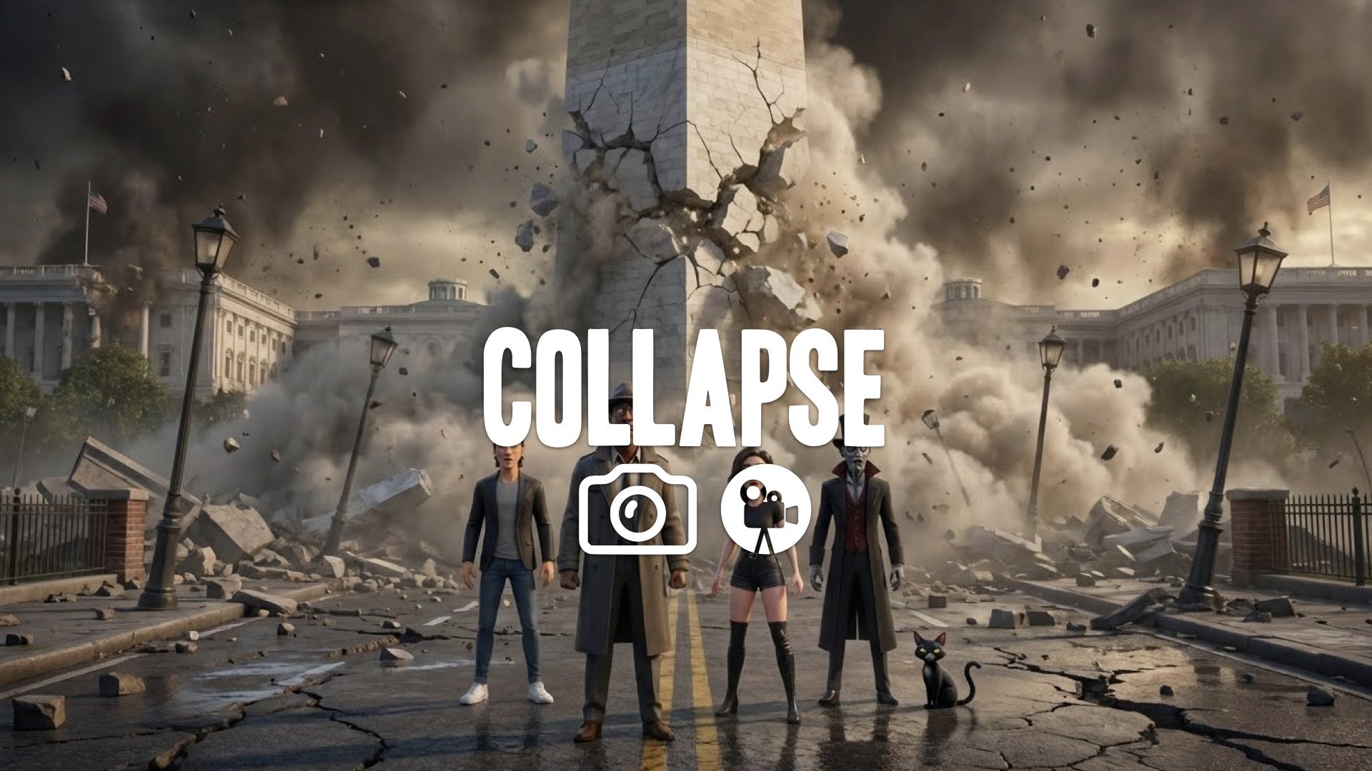 1. Washington Monument collapsing crumbling debris dust cloud massive destruction cinematic wide shot no music