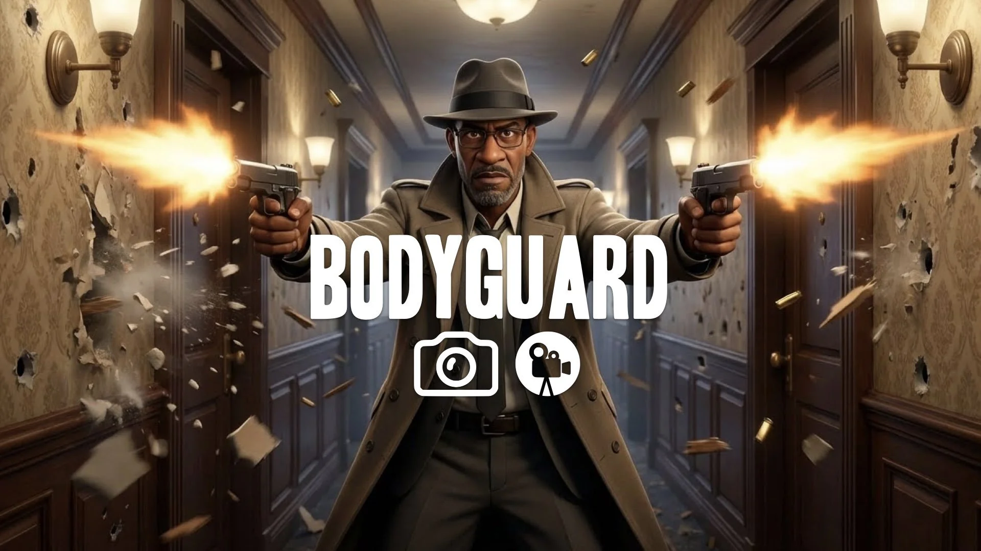 1. Secret service agent dual wielding pistols hallway firefight suit tie muzzle flashes debris flying no music