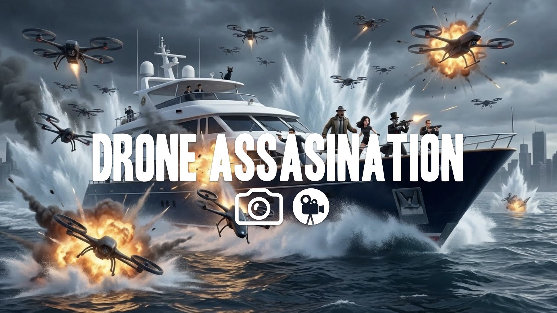 1. Drone swarm attacking boat lake explosion water spray protecting president action chaos no music