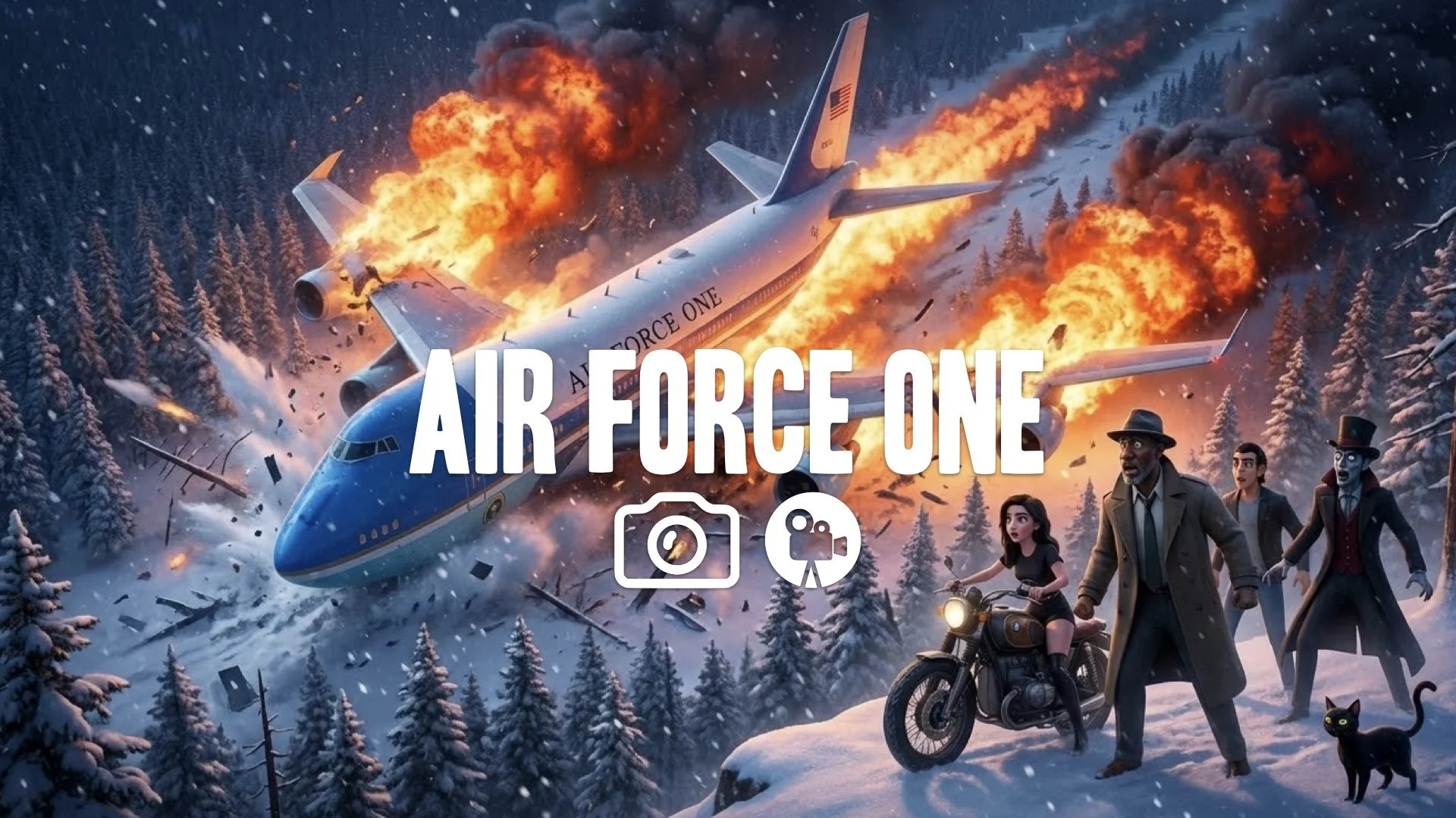 1. Air Force One crashing snowy forest wings shearing off fire trail debris cinematic disaster shot no music