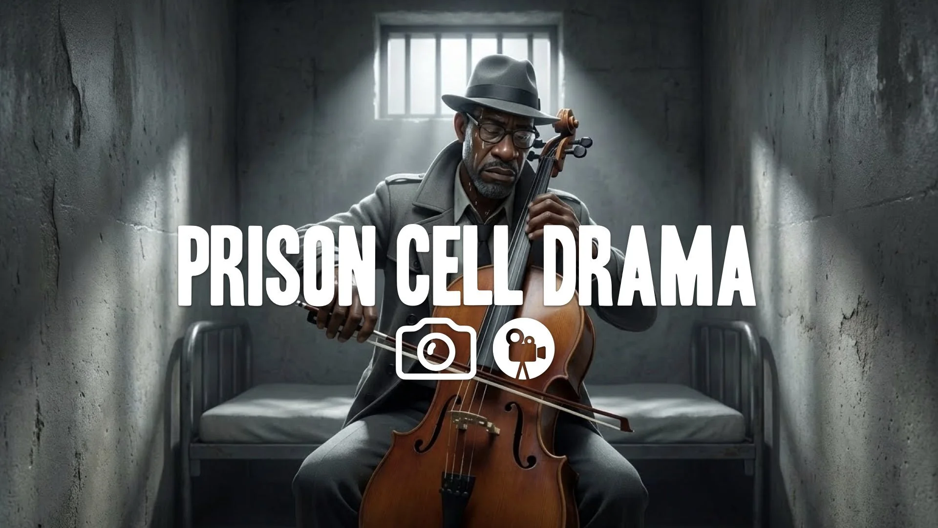 1. Man sitting in solitary confinement cell playing cello intense focus shadows concrete walls contrast no music