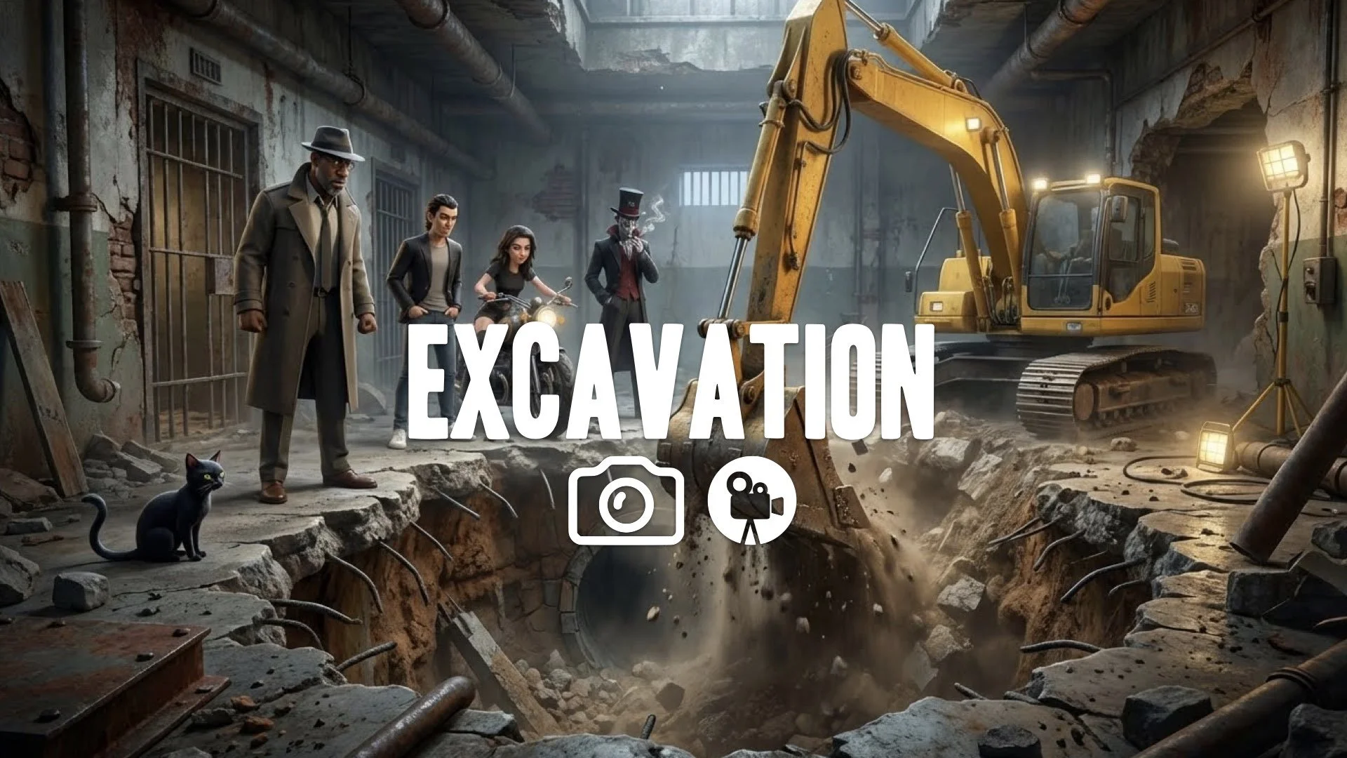 1. Excavator digging into prison cell wall floor collapsing tunnel escape gritty industrial texture no music