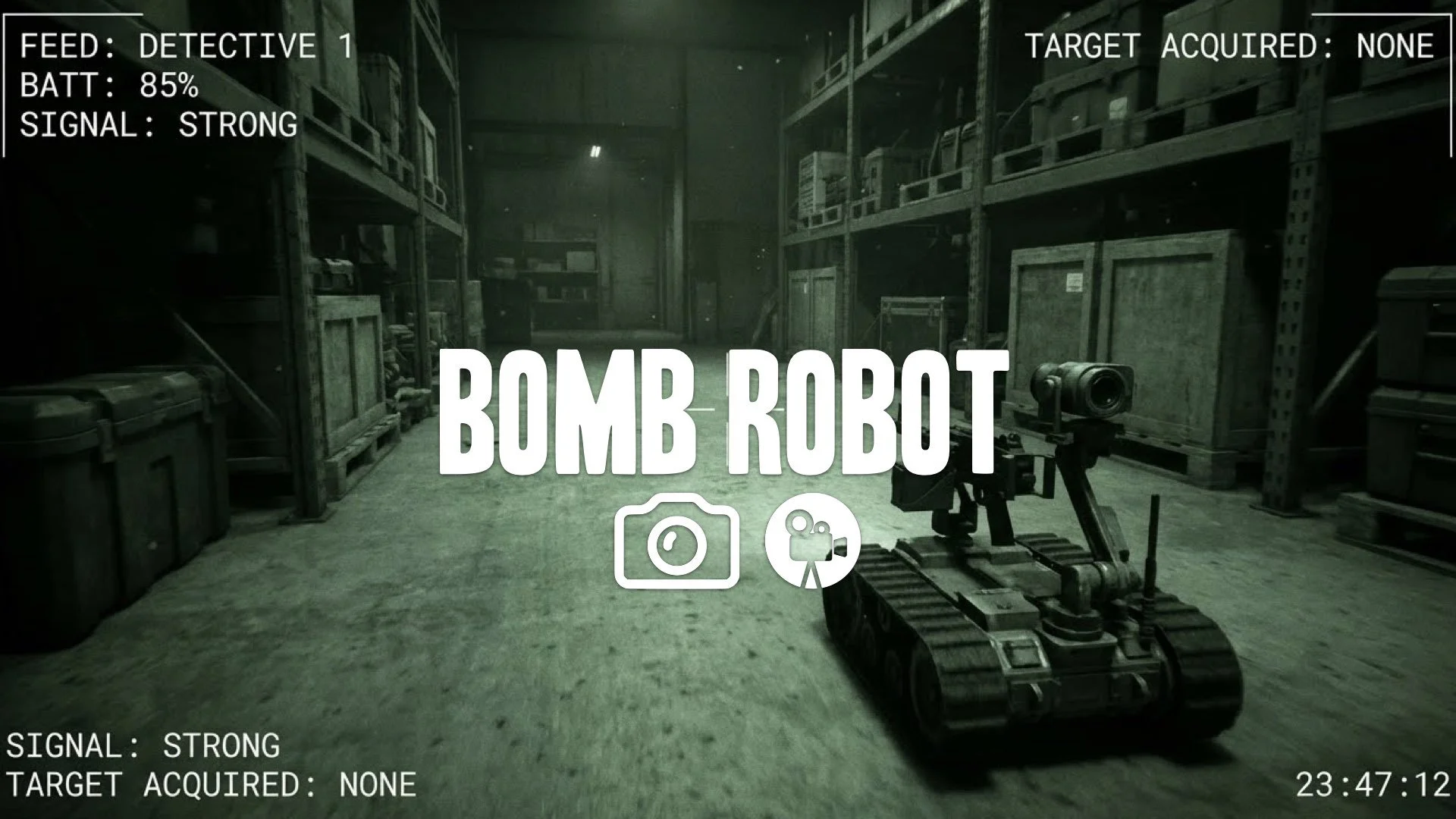 1. Remote controlled robot with gun moving through warehouse tactical camera view green grain no music