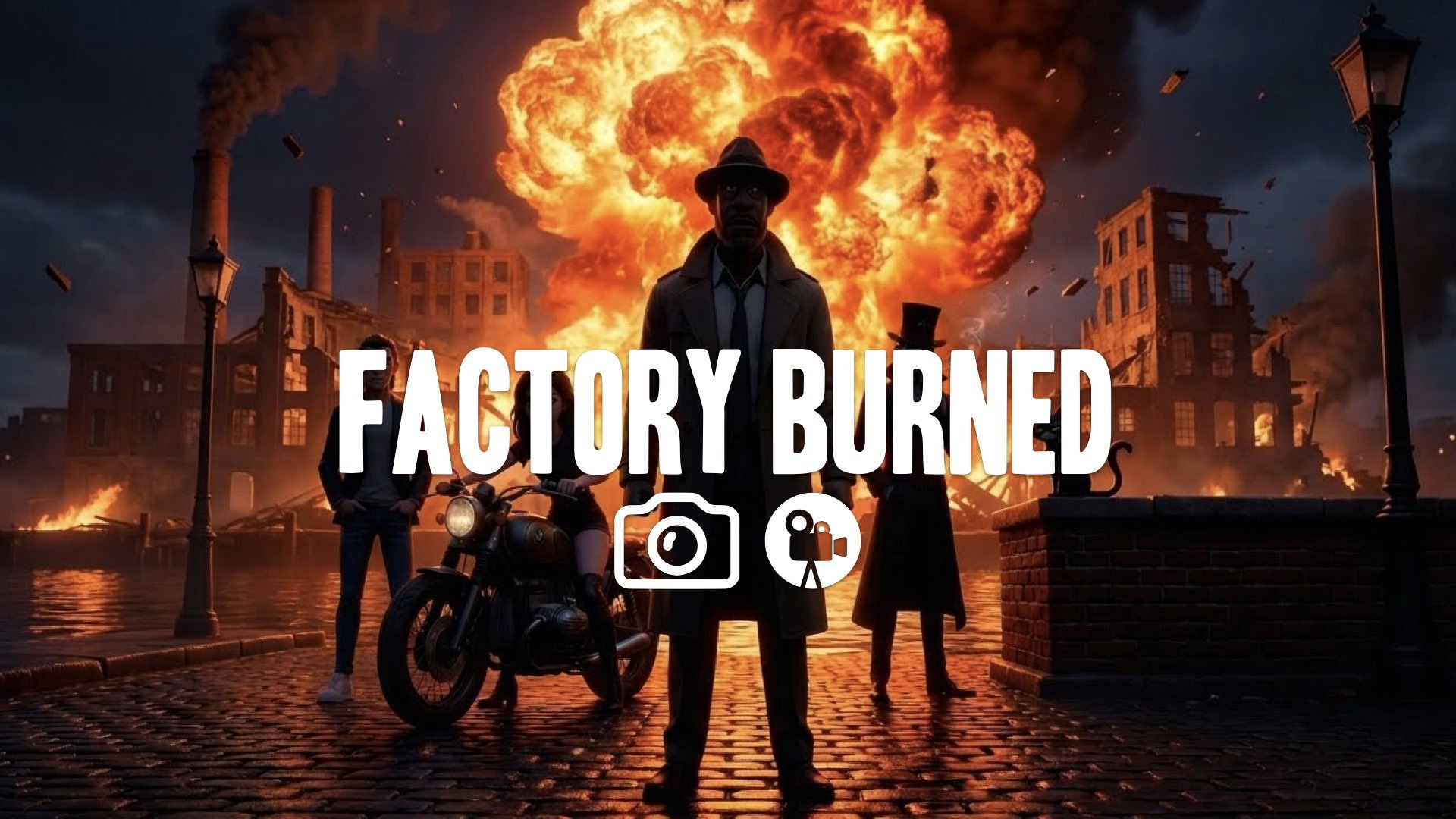 1. Massive fireball explosion abandoned factory waterfront night reflection orange glow destruction no music