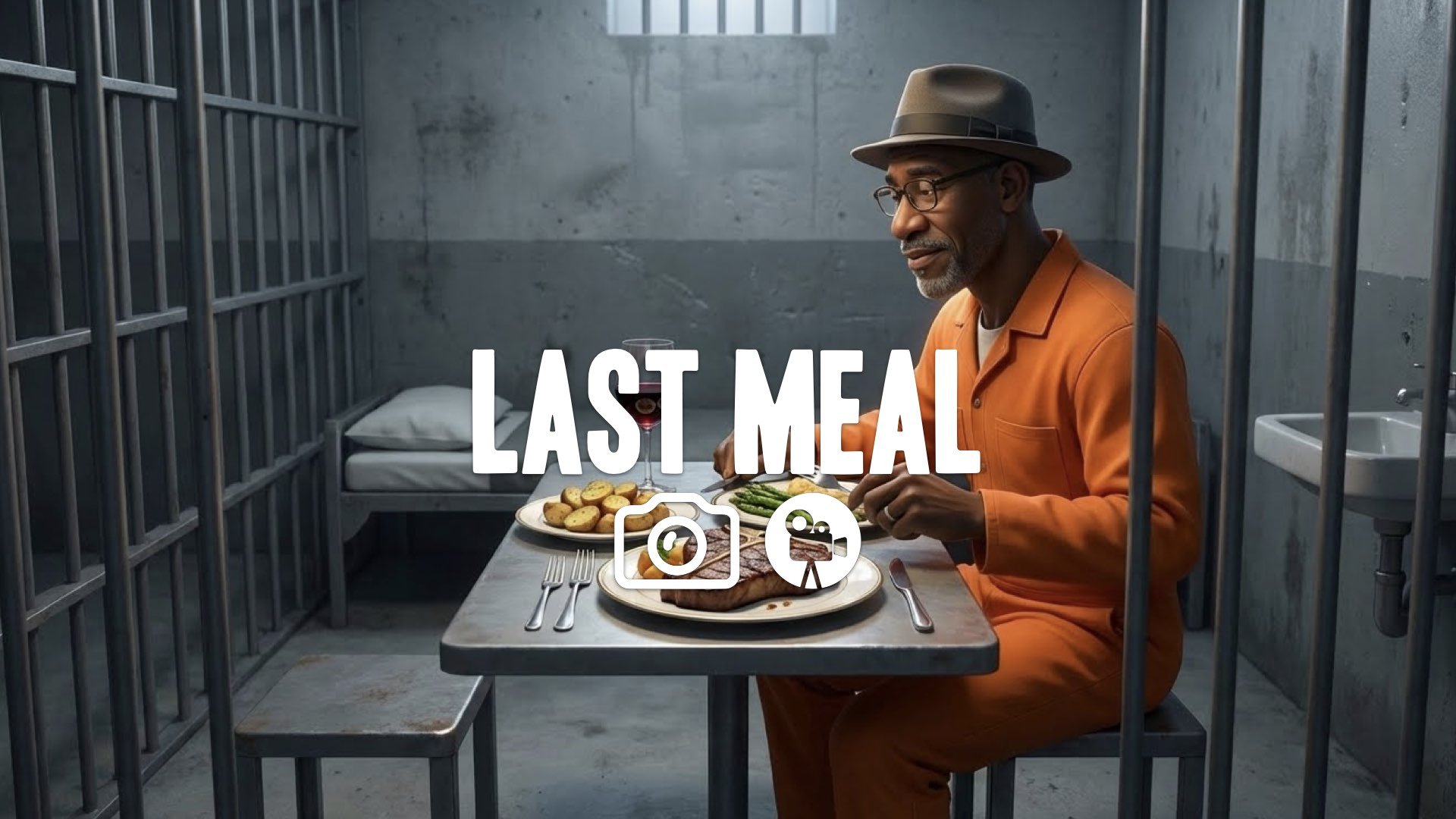 1. Prisoner eating steak dinner in cell calm expression luxury food contrast against gray bars no music