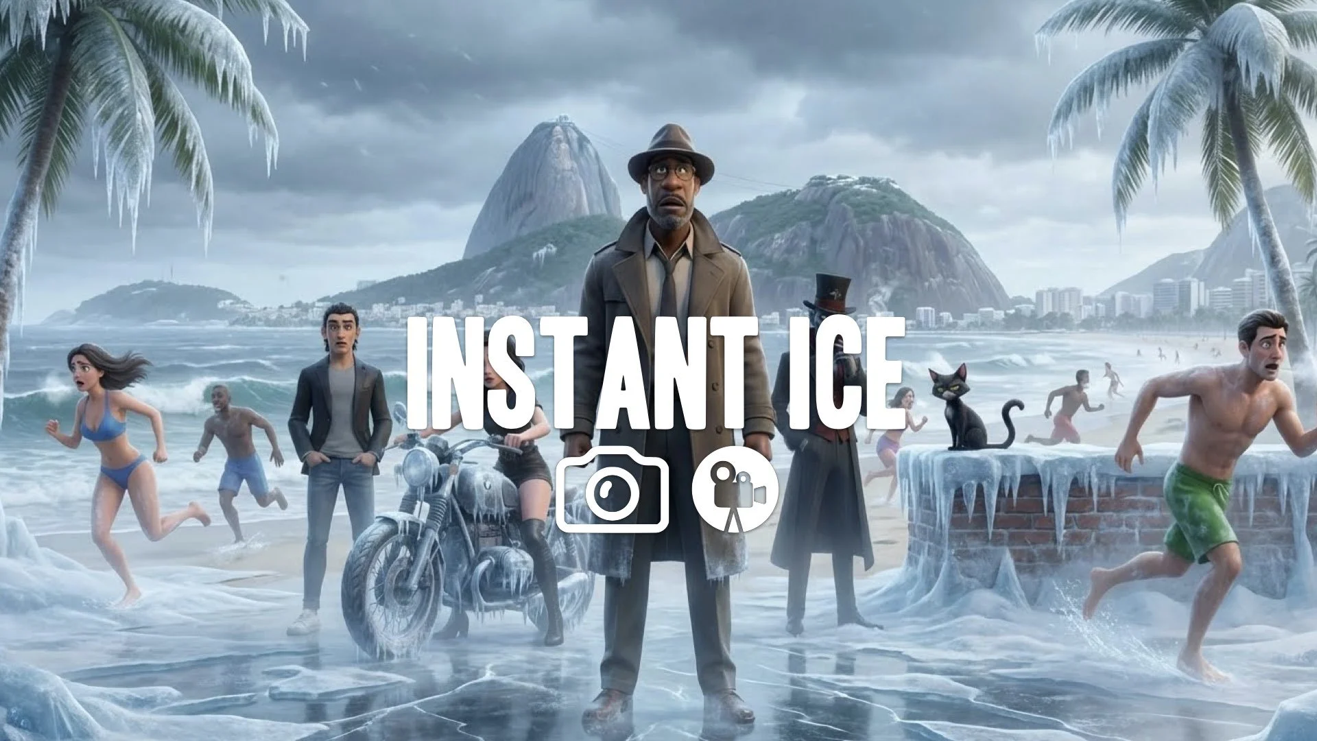 1. Rio de Janeiro beach instantly freezing ice spreading people running cold mist disaster shock no music