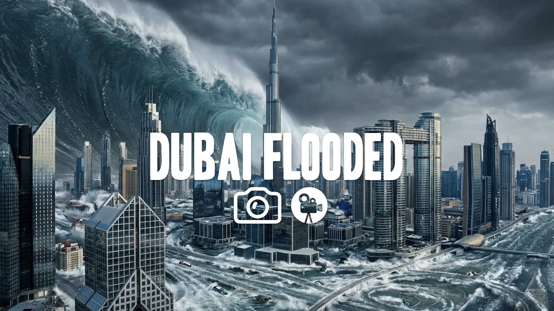 1. Giant tsunami wave hitting Dubai skyscrapers futuristic city water destruction epic scale no music