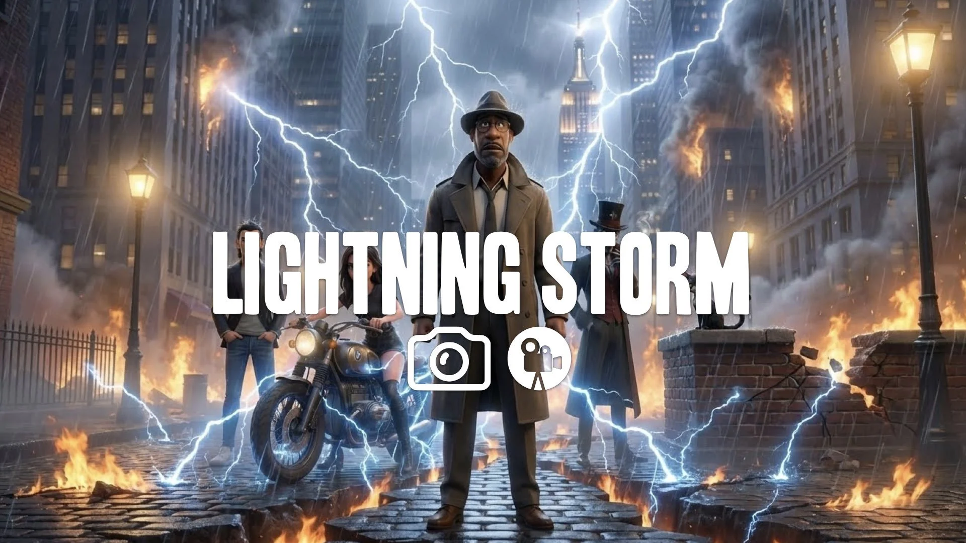 1. Lightning storm chasing car destruction cracks in road fire electricity arcing intense action no music