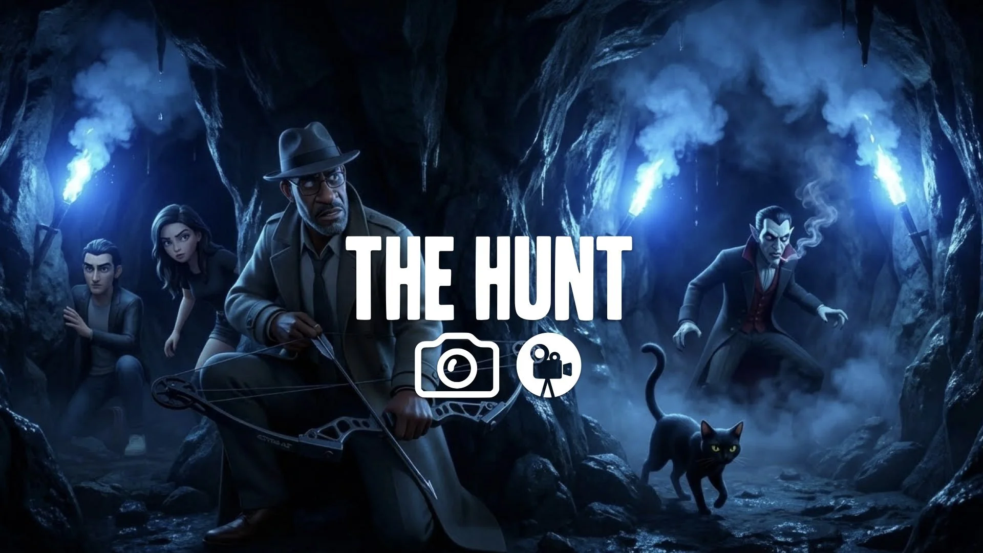 1. Cave fighting blue light flares smoke soldier hiding in shadows stealth bow and arrow tension no music