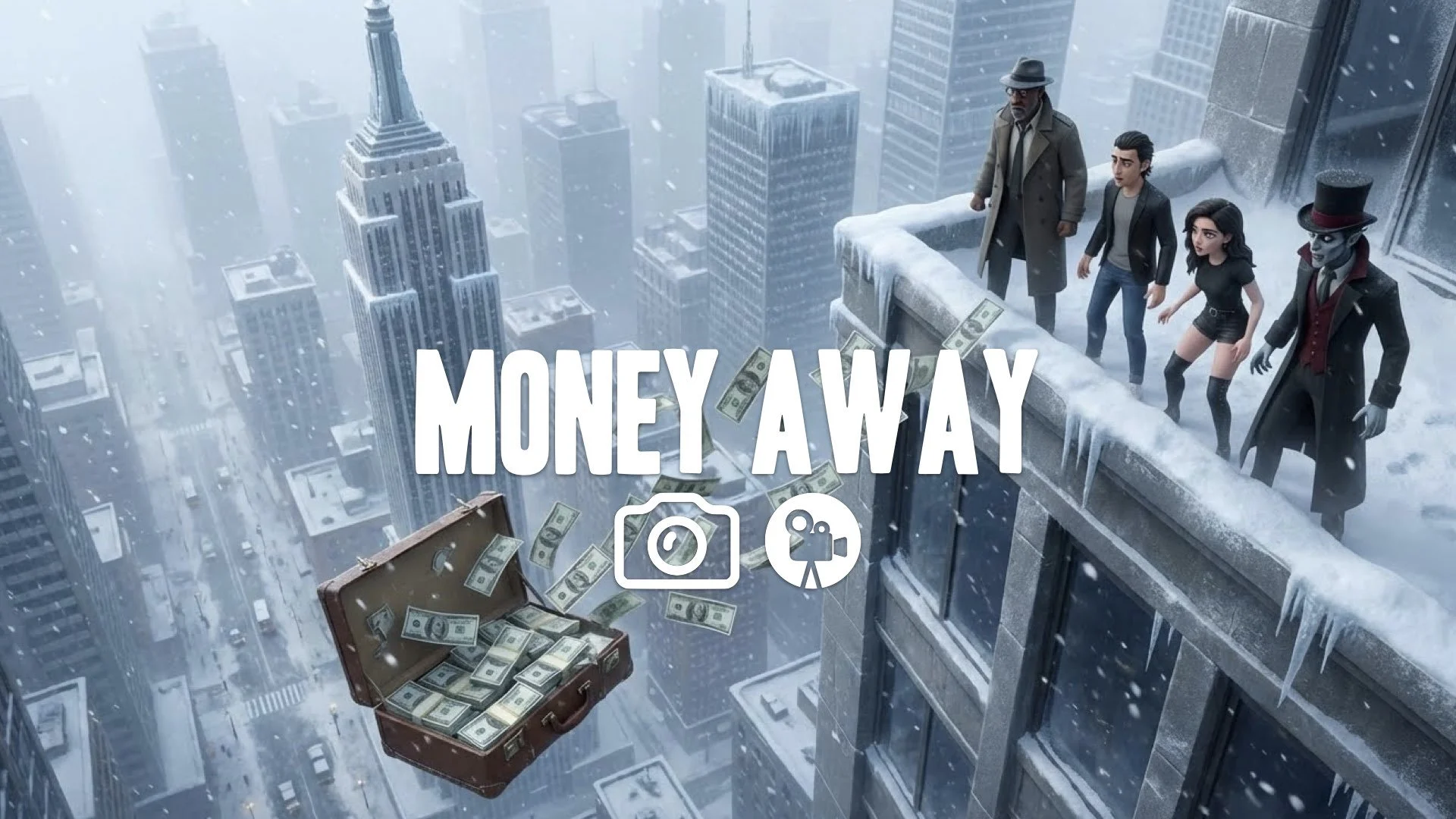 1. Suitcase full of money falling thousands of feet into snow cinematic tracking shot greed loss no music