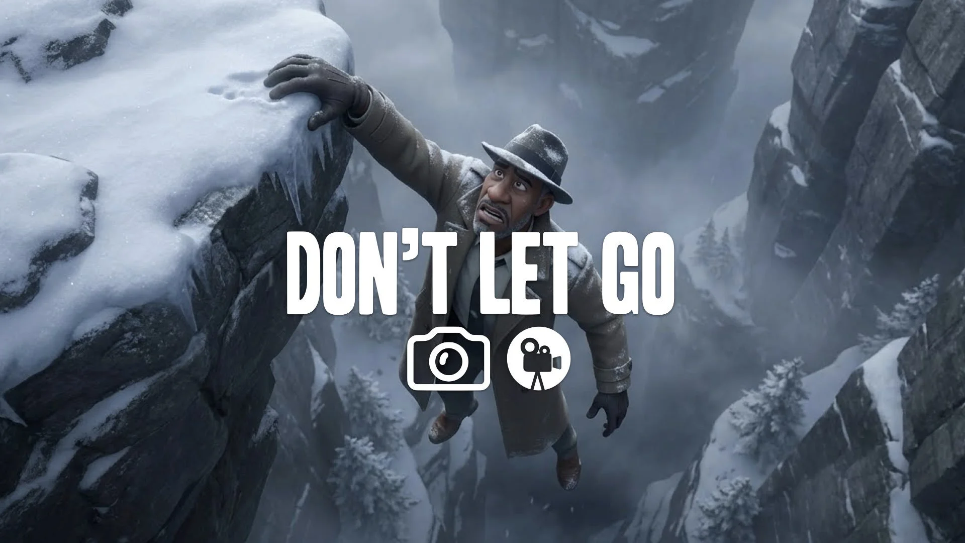 1. Climber hanging one hand from snowy cliff ledge deep ravine below glove slipping tension wide shot no music