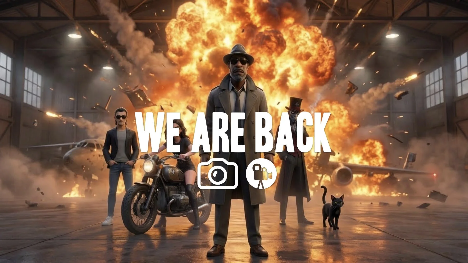 1. Mercenary team walking abreast airplane hangar background explosions sunglasses cool walk slow mo no music