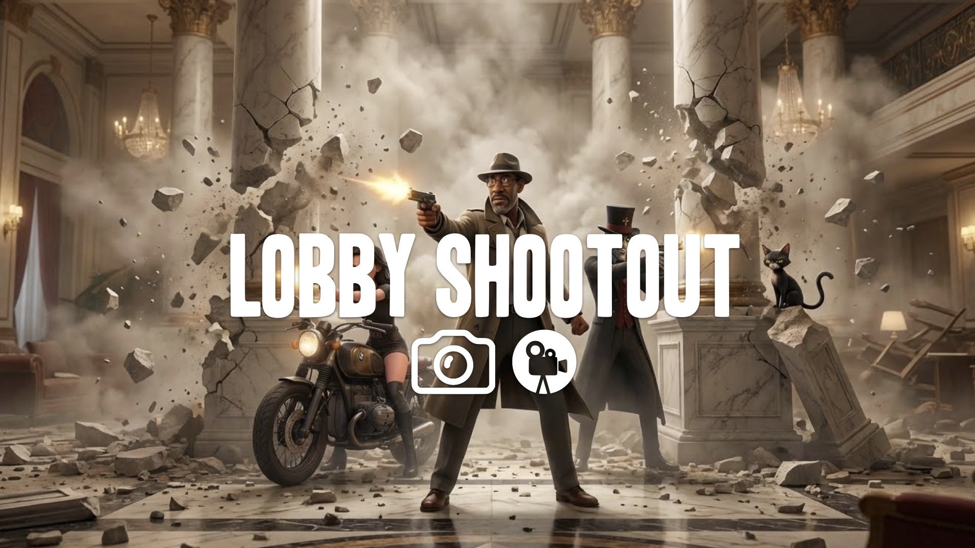 1. Lobby shootout pillars crumbling dust debris marble shattering trench coats guns blazing chaos no music