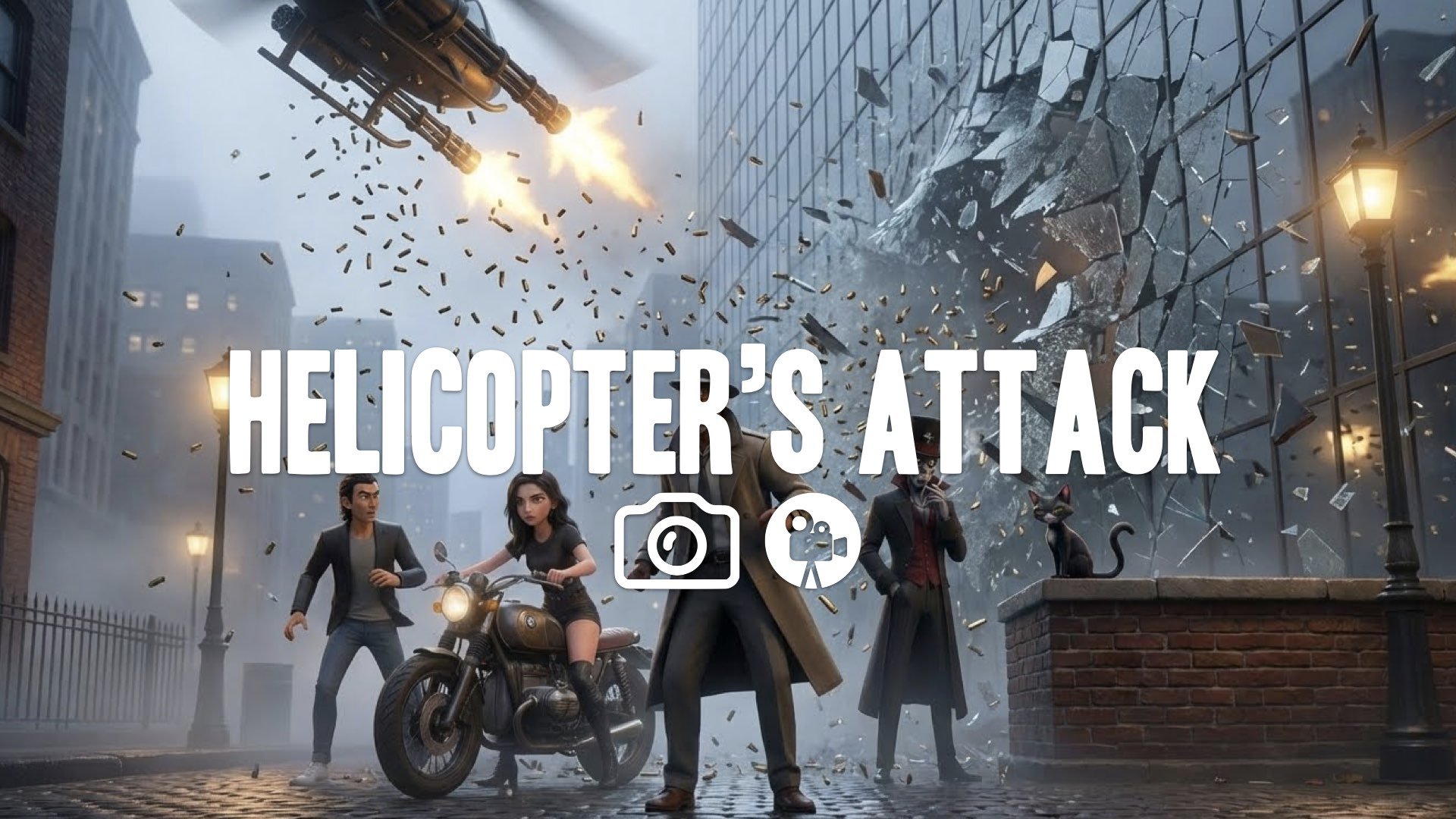 1. Helicopter minigun raining brass casings slow motion glass curtain wall rippling wave destruction no music