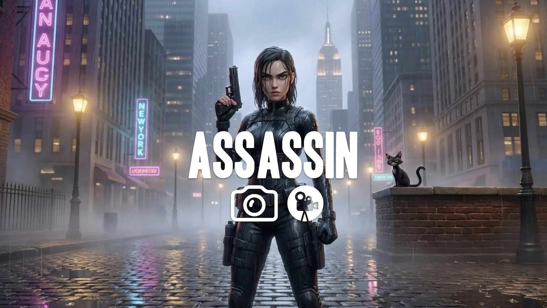 1. Assassin in black tactical suit holding pistol rainy city street neon reflection intense stare wet hair no music
