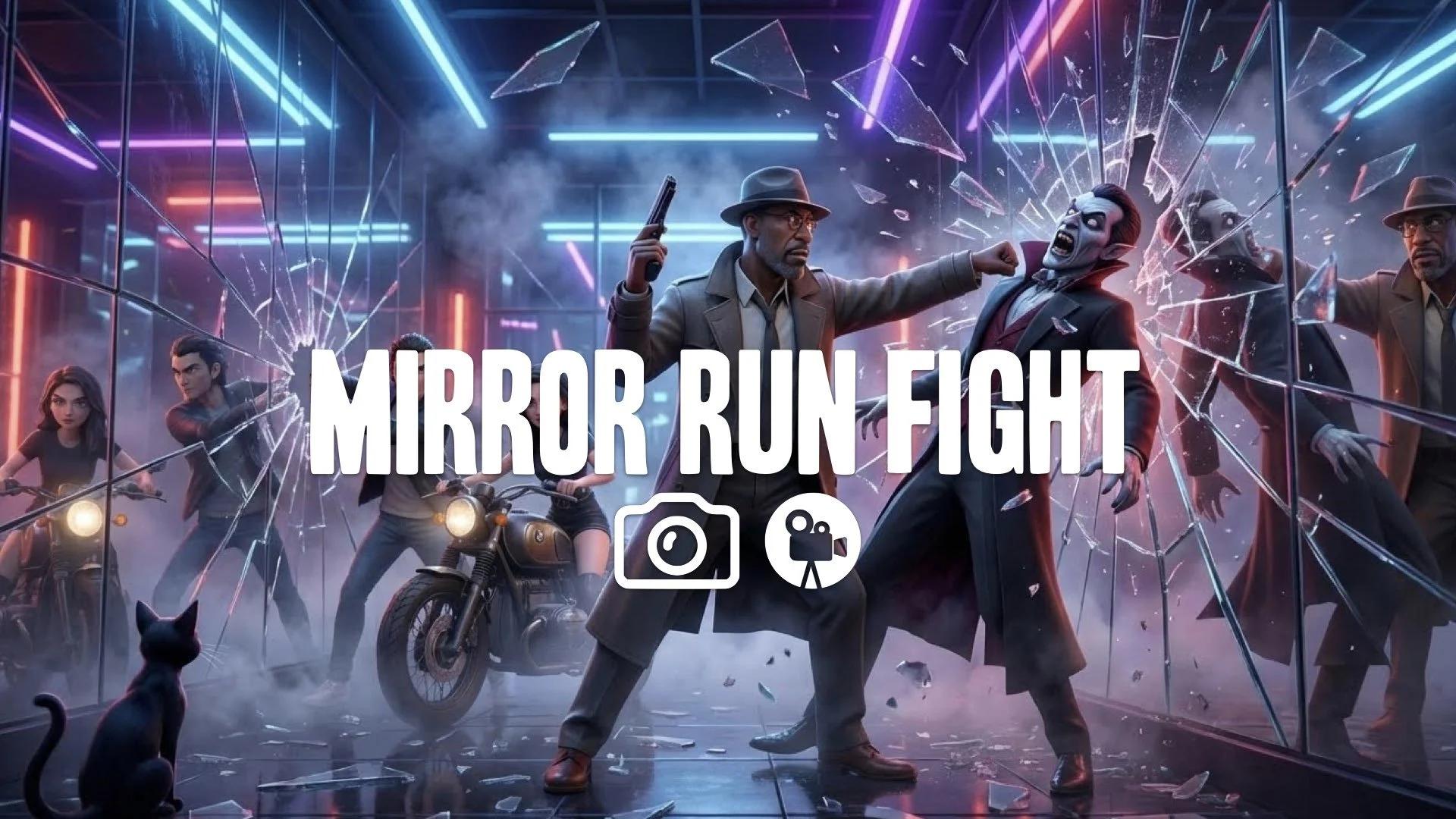 1. Mirror room fight shattering glass multiple reflections confusion neon lights pistol whip kinetic no music