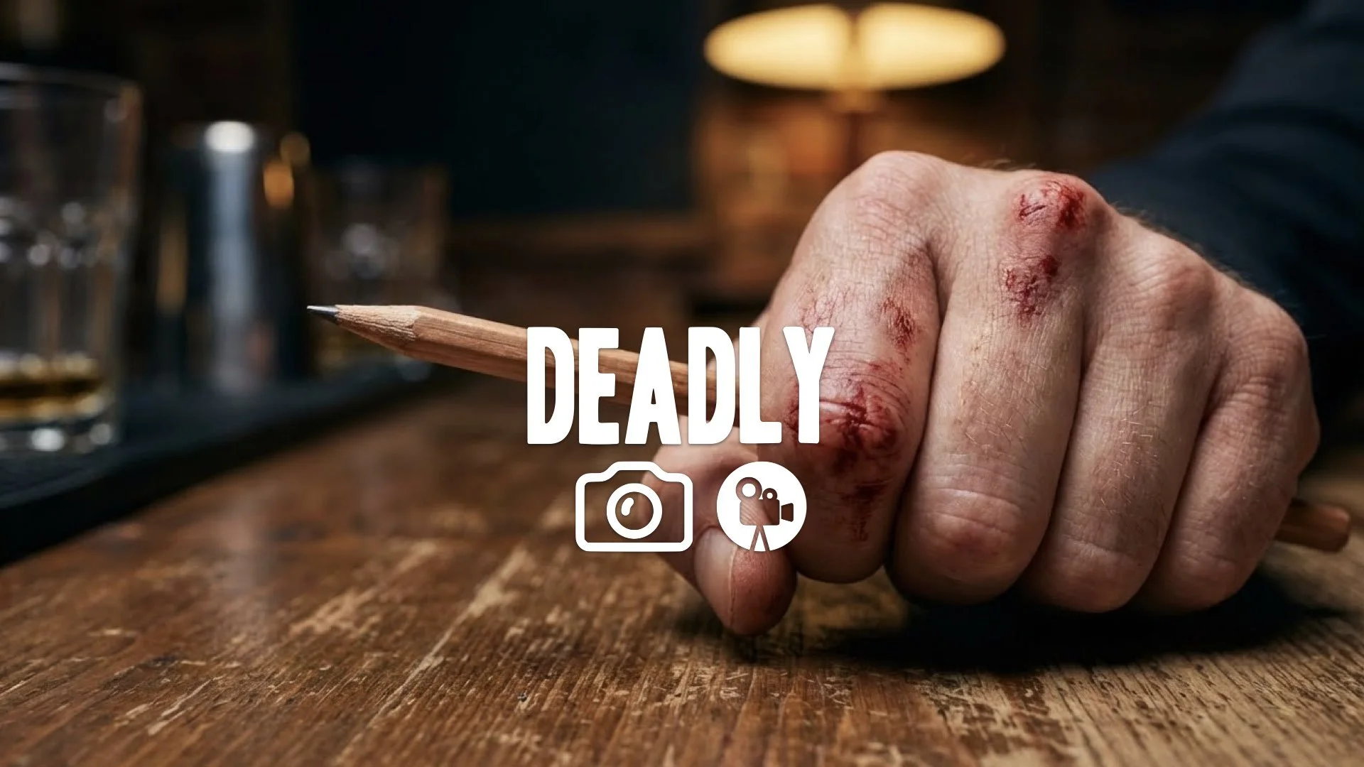 1. Pencil holding hand bloody knuckles bar table tension pencil tip macro focus deadly weapon no music