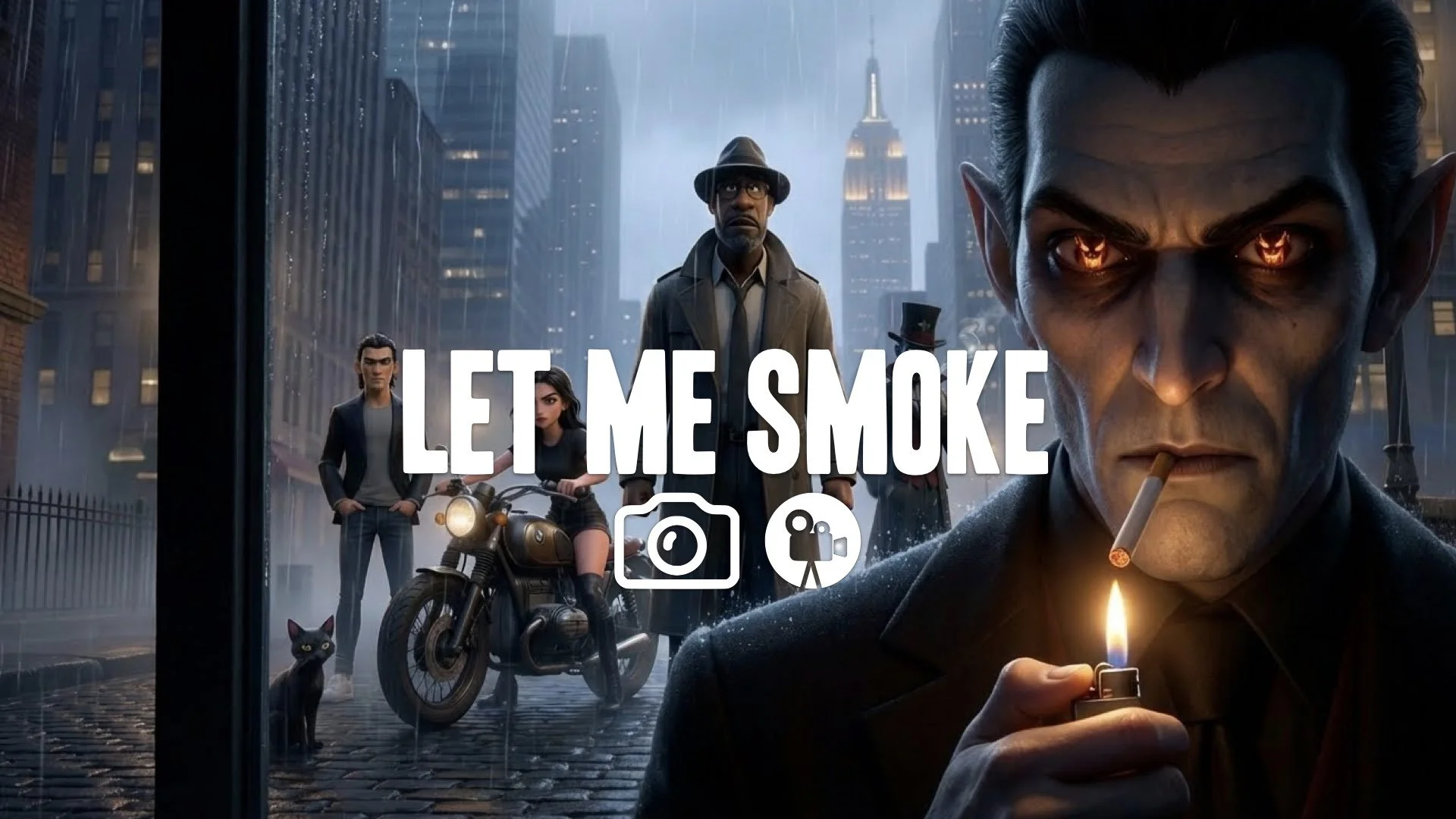 1. Man lighting cigarette lighter flame reflection in eyes demons behind glass spooky noir atmosphere no music