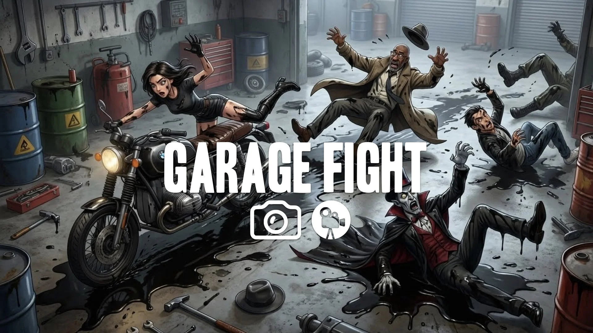 1. Fighting covered in motor oil sliding on floor slipping enemies mechanic garage comedy action no music