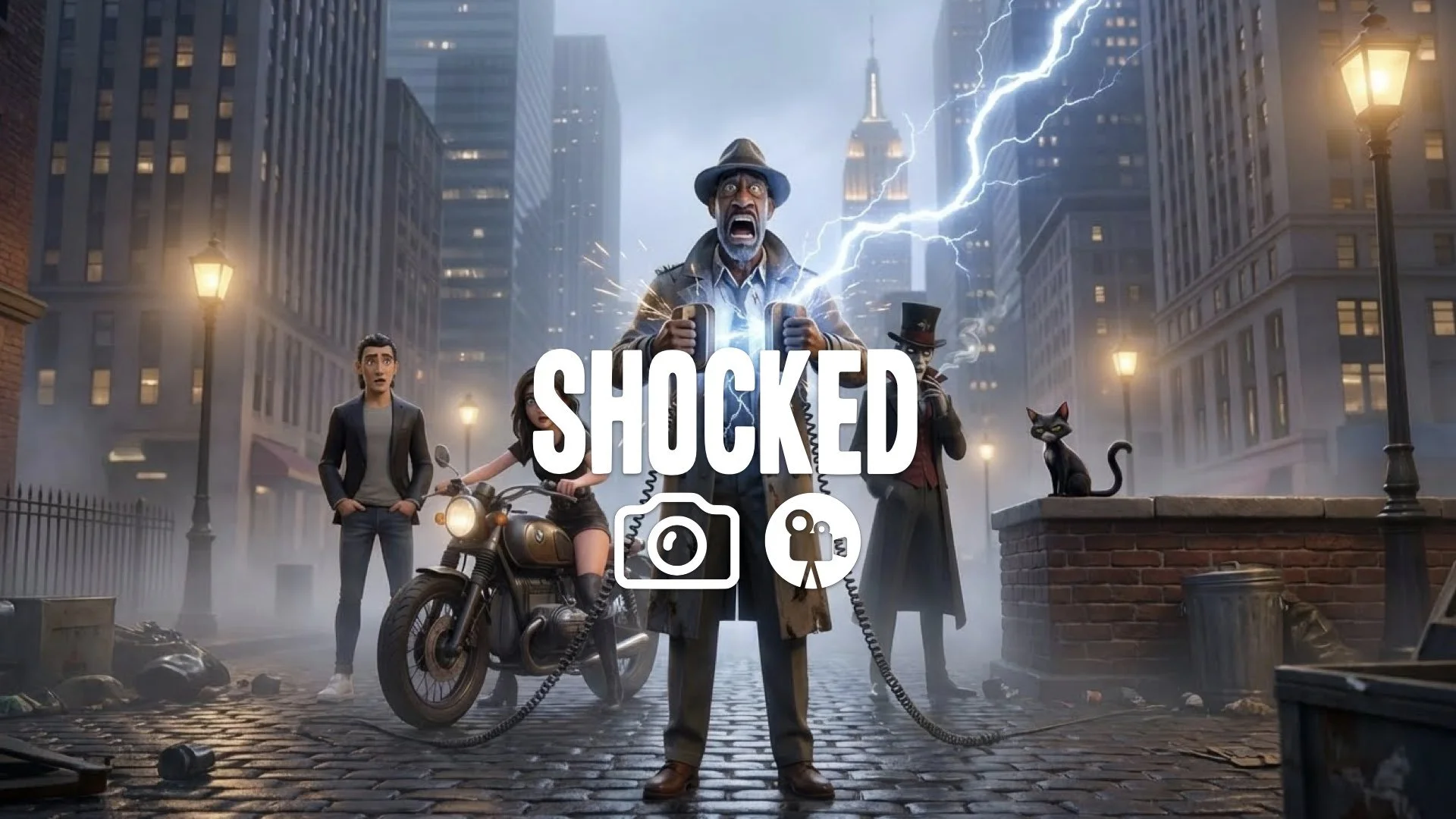 1. Defibrillator paddles on own chest shock screaming electricity arc desperate energy junk vibe no music