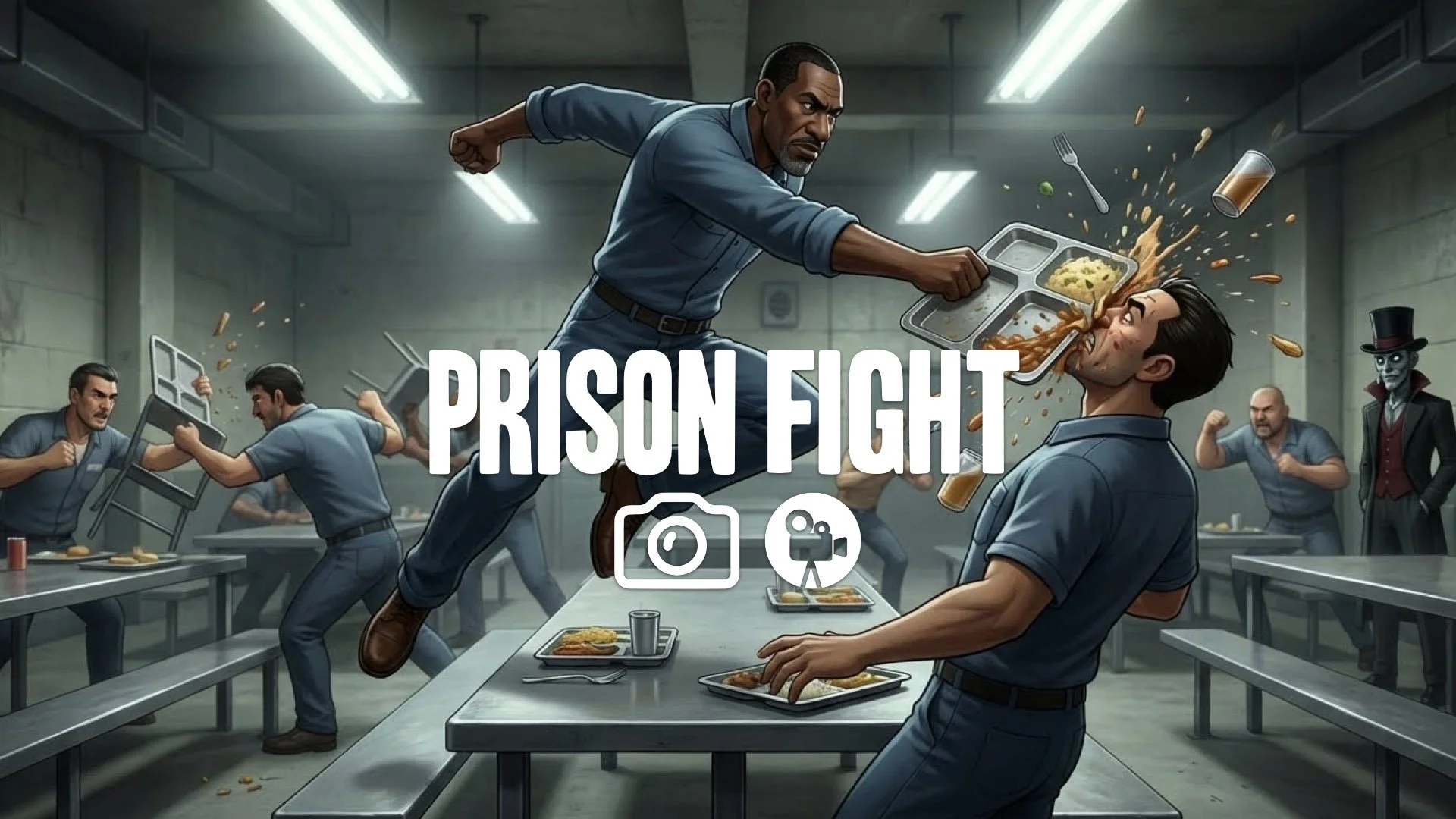 1. Prison cafeteria fight tray smashing parkour off table concrete walls chaos stylized action no music
